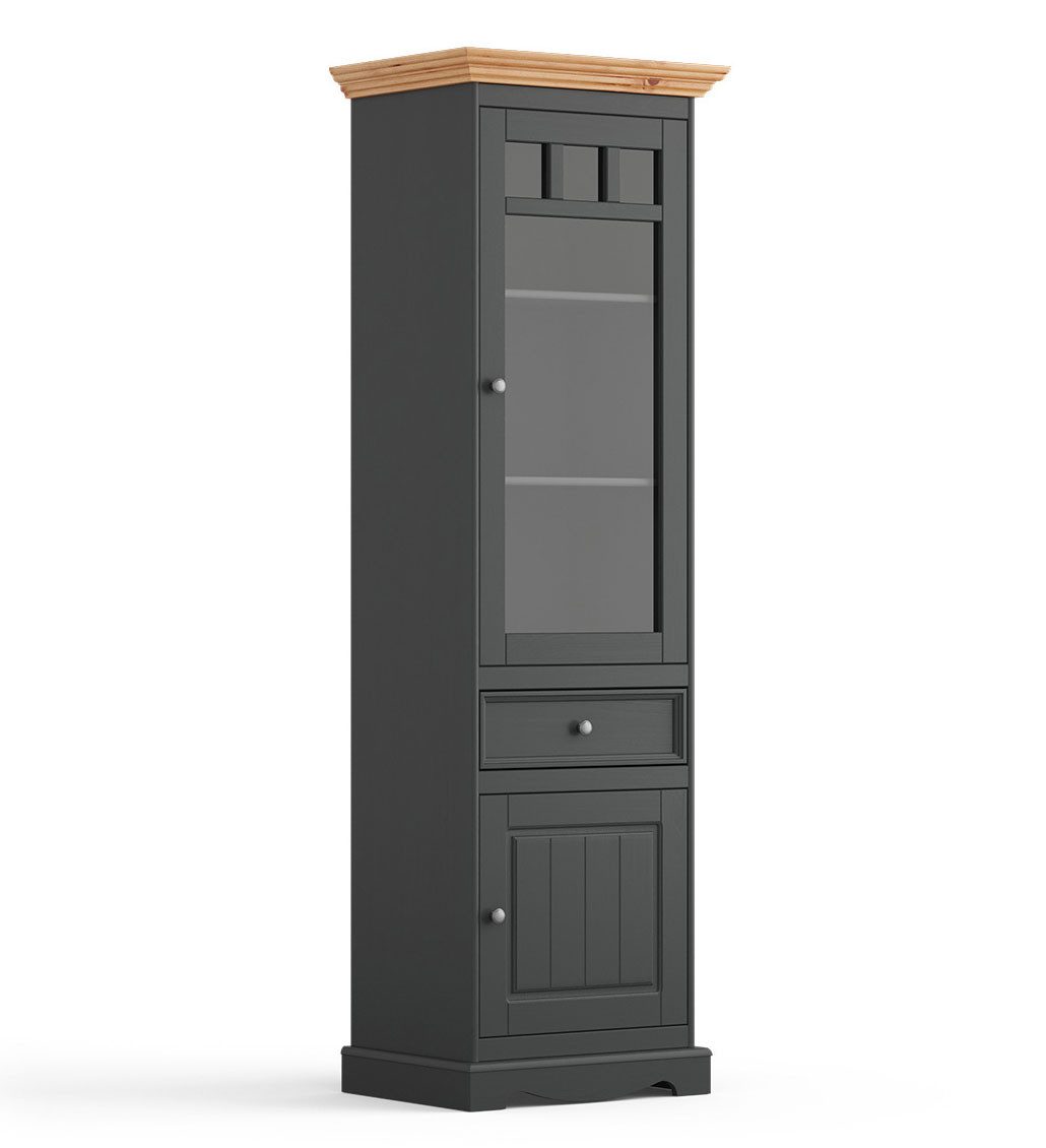 Feldmann-Wohnen Vitrine Belluno Elegante (mit Schublade, mit Türen, mit Glaseinsatz, 1-St., moderne Optik, mit Schublade, mit Türen, mit Glaseinsatz) 59,5x44x190cm Massivholz Kiefer Natur gebeizt / basaltgrau lackiert