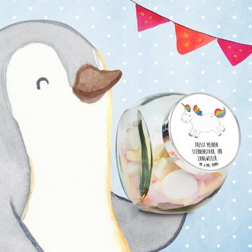 Mr. & Mrs. Panda Vorratsglas XL 2000ml Einhorn Happy - Weiß - Geschenk, Spaß, Süßigkeitendose, Ein, Premium Glas, (1-tlg), Vielseitig einsetzbar