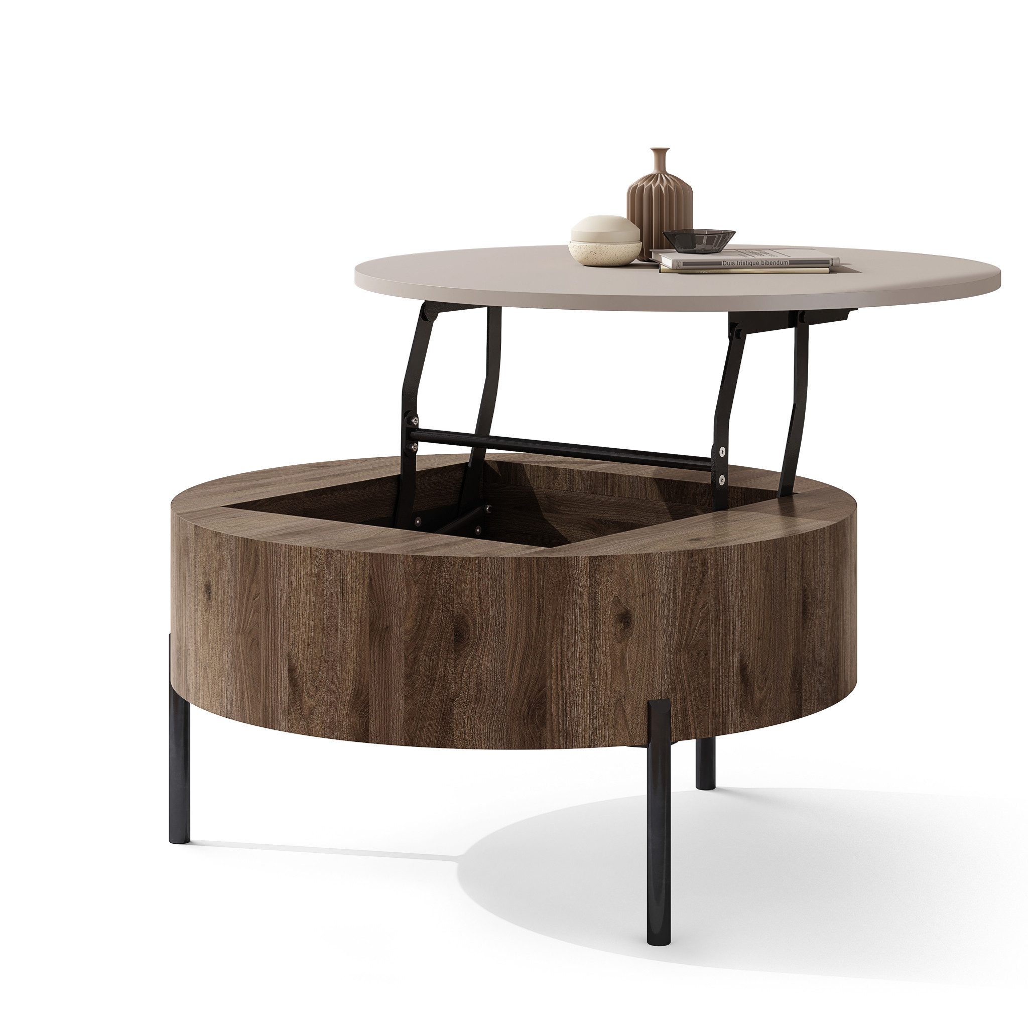 designimpex Couchtisch ZAF-1 rund aufklappbar höhenverstellbar mit Stauraum Wohnzimmer Tisch, Funktionstisch, Wohnzimmertisch, Tisch, Esstisch, Sofatisch, Rollen