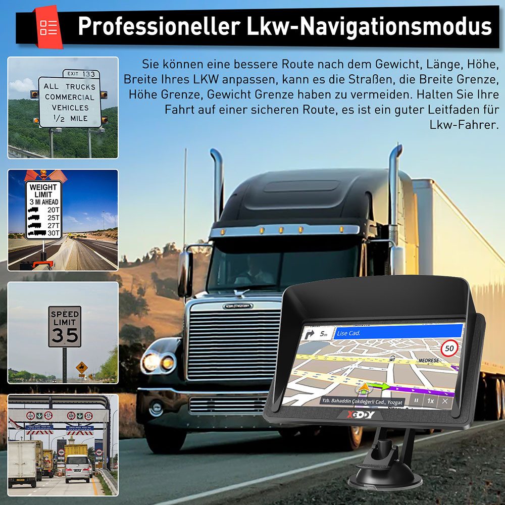 XGODY 7 Zoll PKW-Navigationsgerät (Europa (48 Länder), Lebenslange Kartenaktualisierung, GPS Navigation für Auto und LKW, Bluetooth, 3D Karten)
