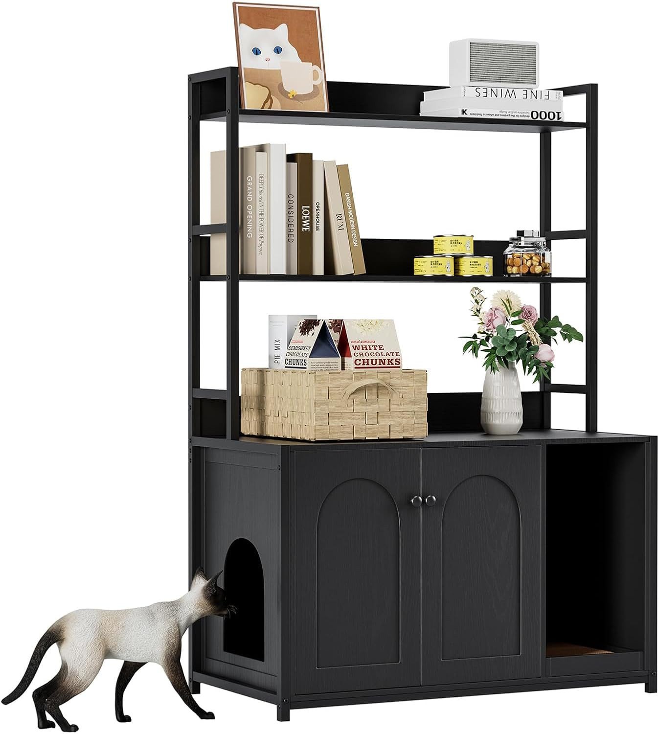 GarveeMore Katzentoilette mit Doppeltüren & Eingang & offenem Regal, Großer Stauraum & Arbeitsfläche,für Mehrkatzenhaushalte