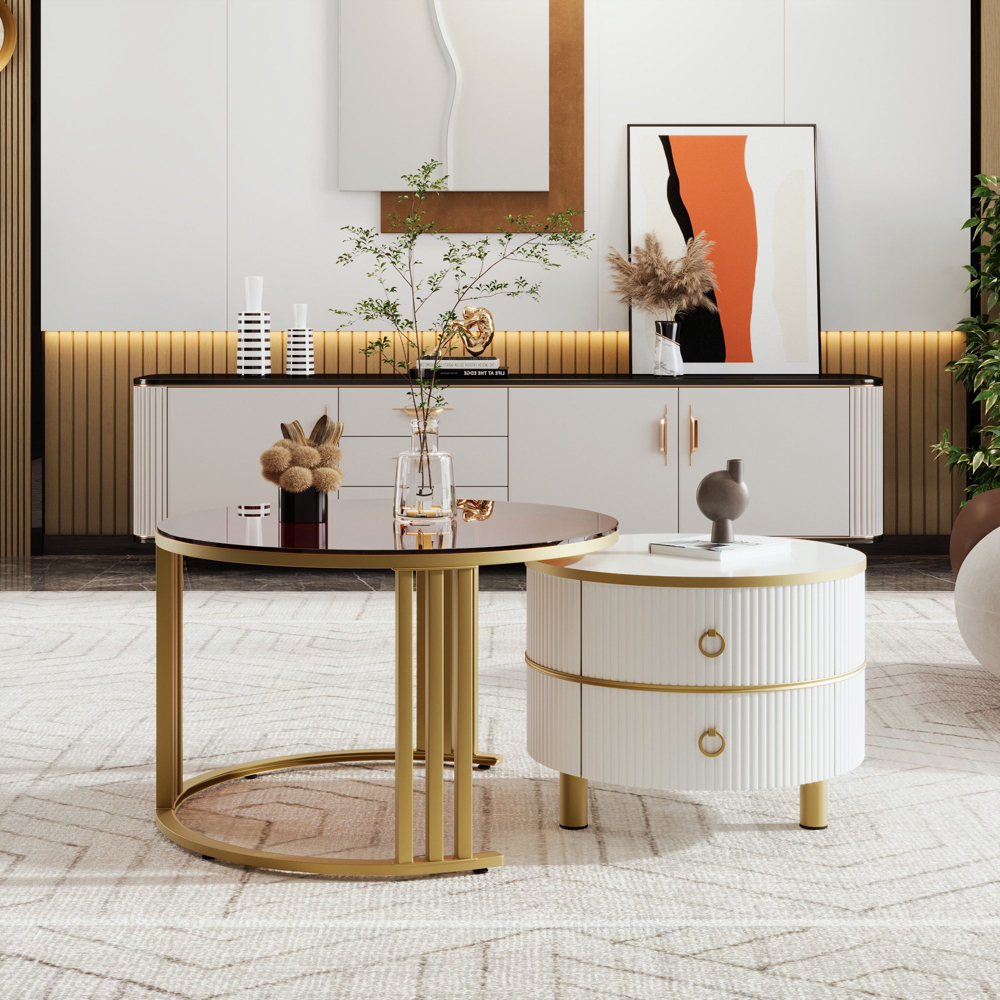 Beistelltisch 2-in-1 runder CouchtischWohnzimmer-Couchtischkombination 2 Schubladen
