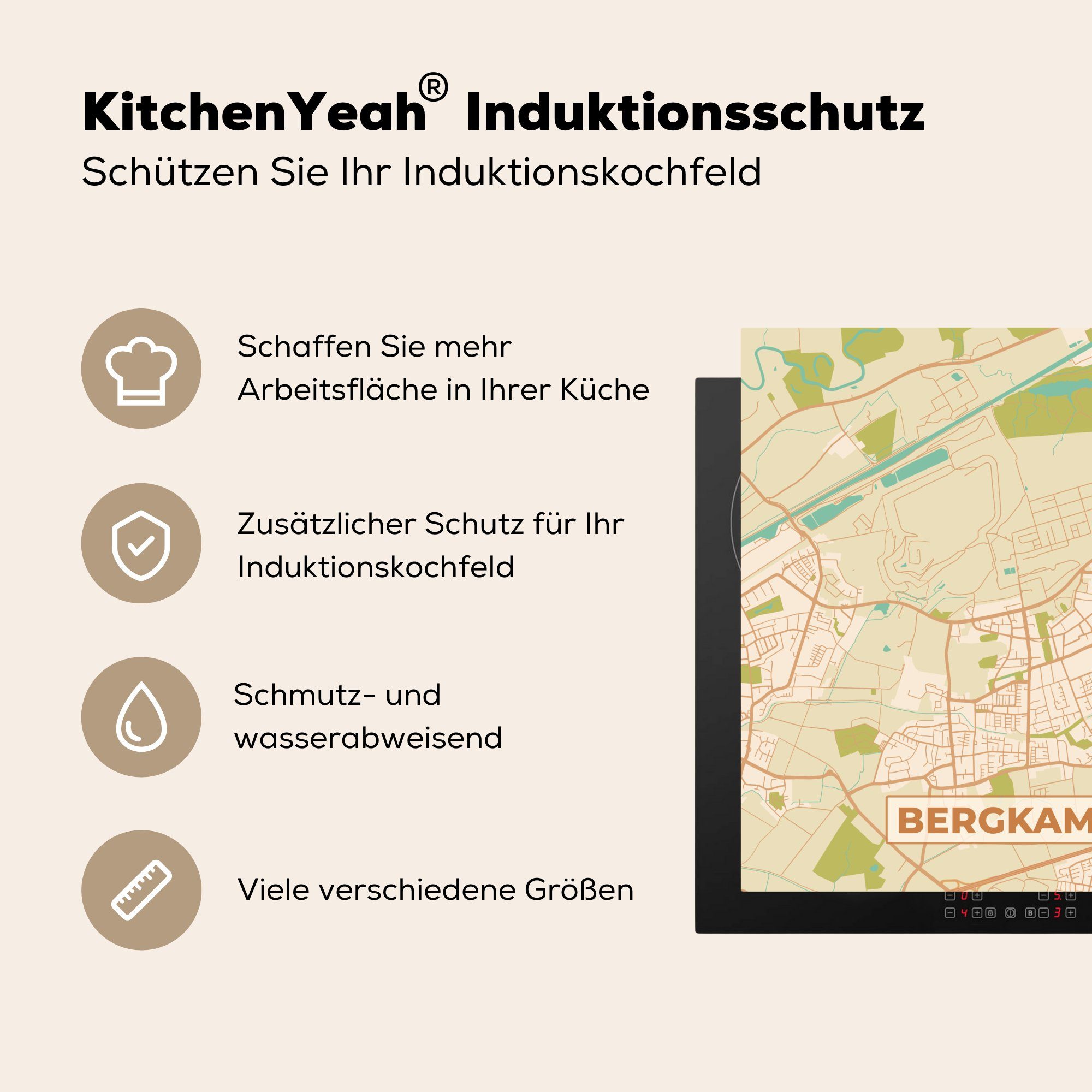 tlg), Bergkamen küche Karte - MuchoWow Herdblende-/Abdeckplatte 78x78 (1 - - Stadtplan, für cm, Ceranfeldabdeckung, Arbeitsplatte Jahrgang Vinyl,