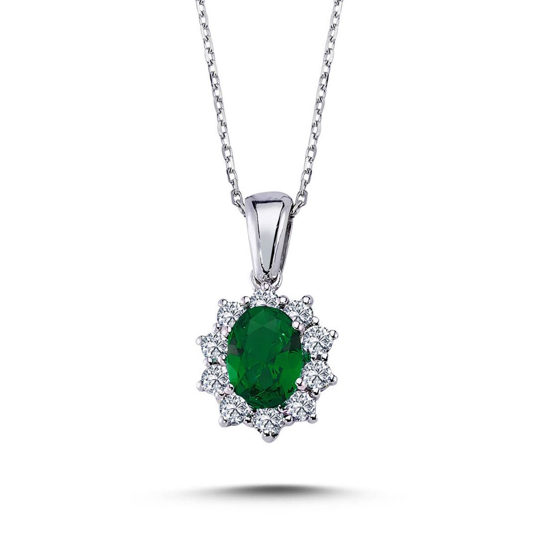 EinStein Diamant Goldkette, Ovaler Smaragd Entourage Halskette Diamanten 14 Karat Weißgold