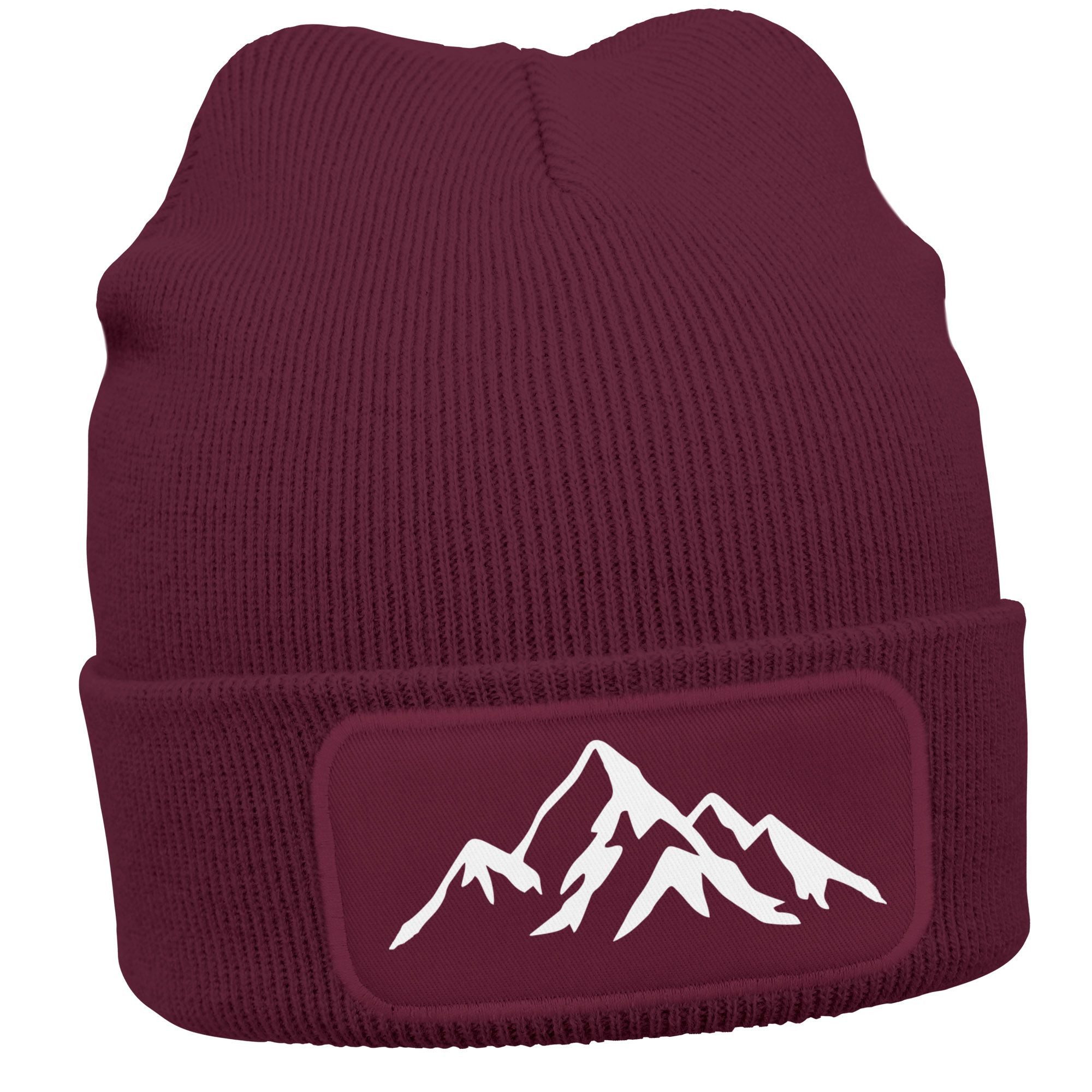 Strickmütze Damen Beanie mit Patch Berge Natur Outdoor Aufdruck Print Wintermütze