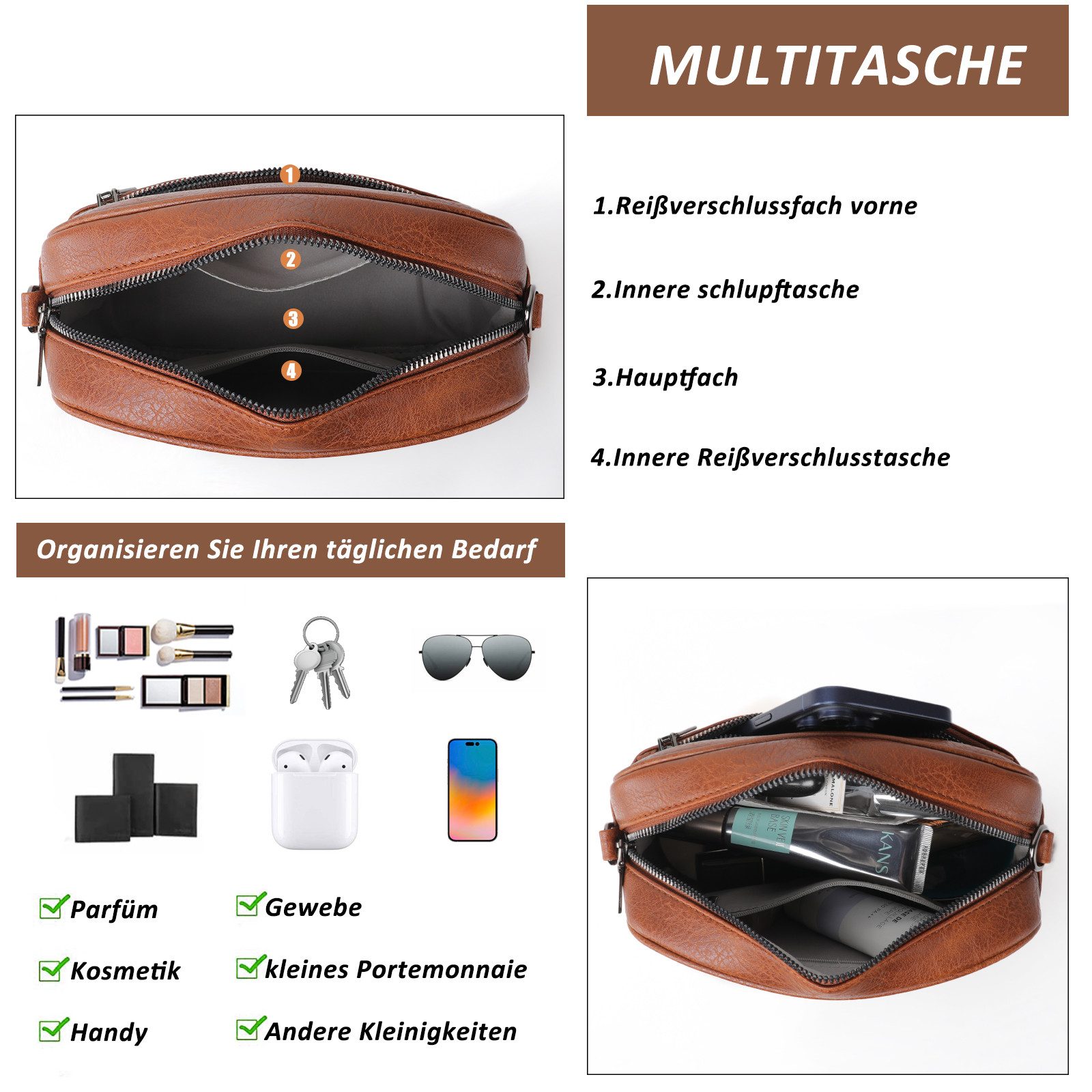 TAN.TOMI Umhängetasche Damen Handy Schultertasche, Kunstleder Crossbody Umhängetasche (Drei Reißverschlussfächern mit Verstellbar Abnehmbar Schultergurt), Breiter Riemen Abendtasche