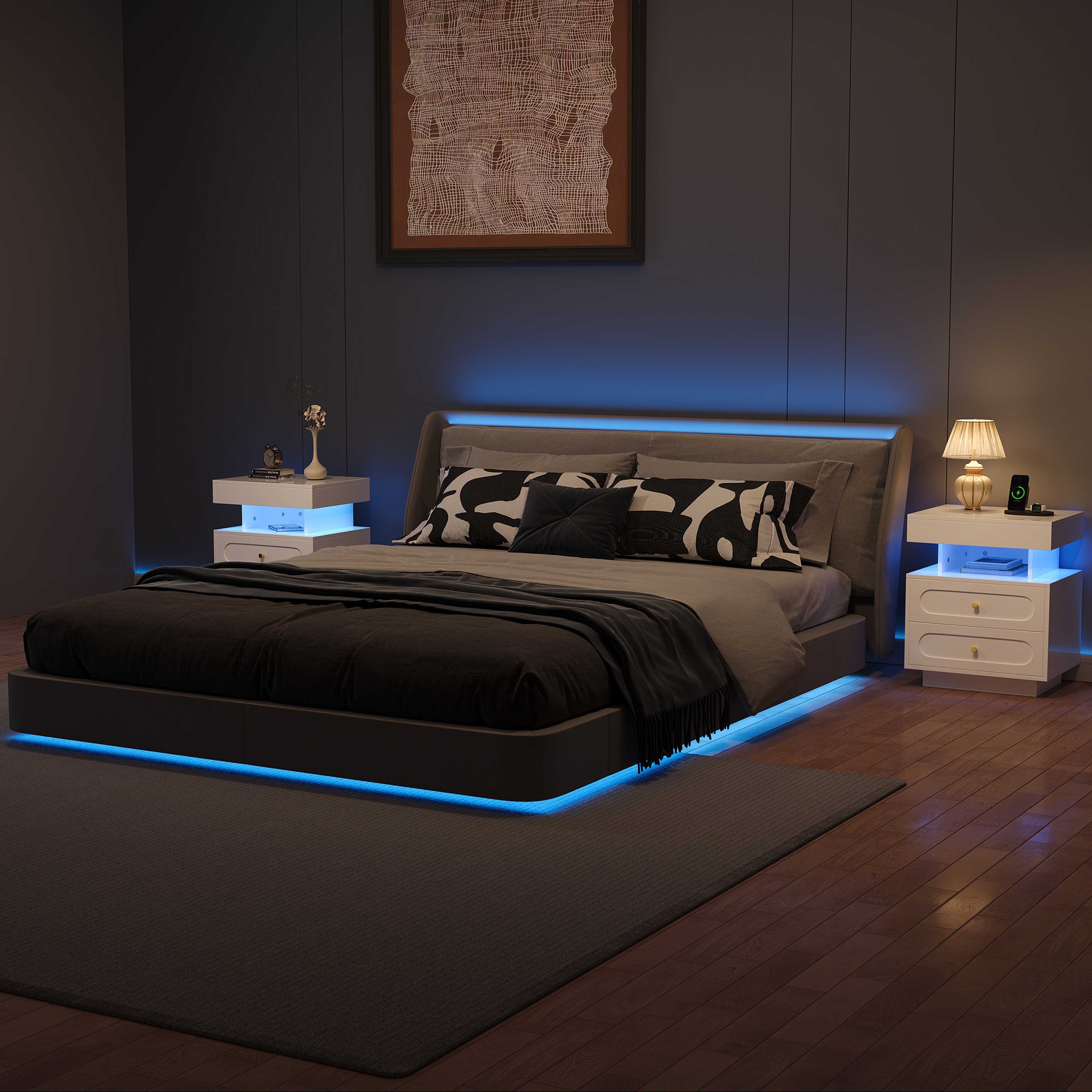 BlingBin Nachttisch LED Nachttisch Nachtschrank mit 2 Schubladen, 1 offener Lagerraum (1-St., großer Schublade und Kippsicherung, 50x40x60 cm, aus Spanplatte), Weiß, modernes Design, pflegeleicht und stabil