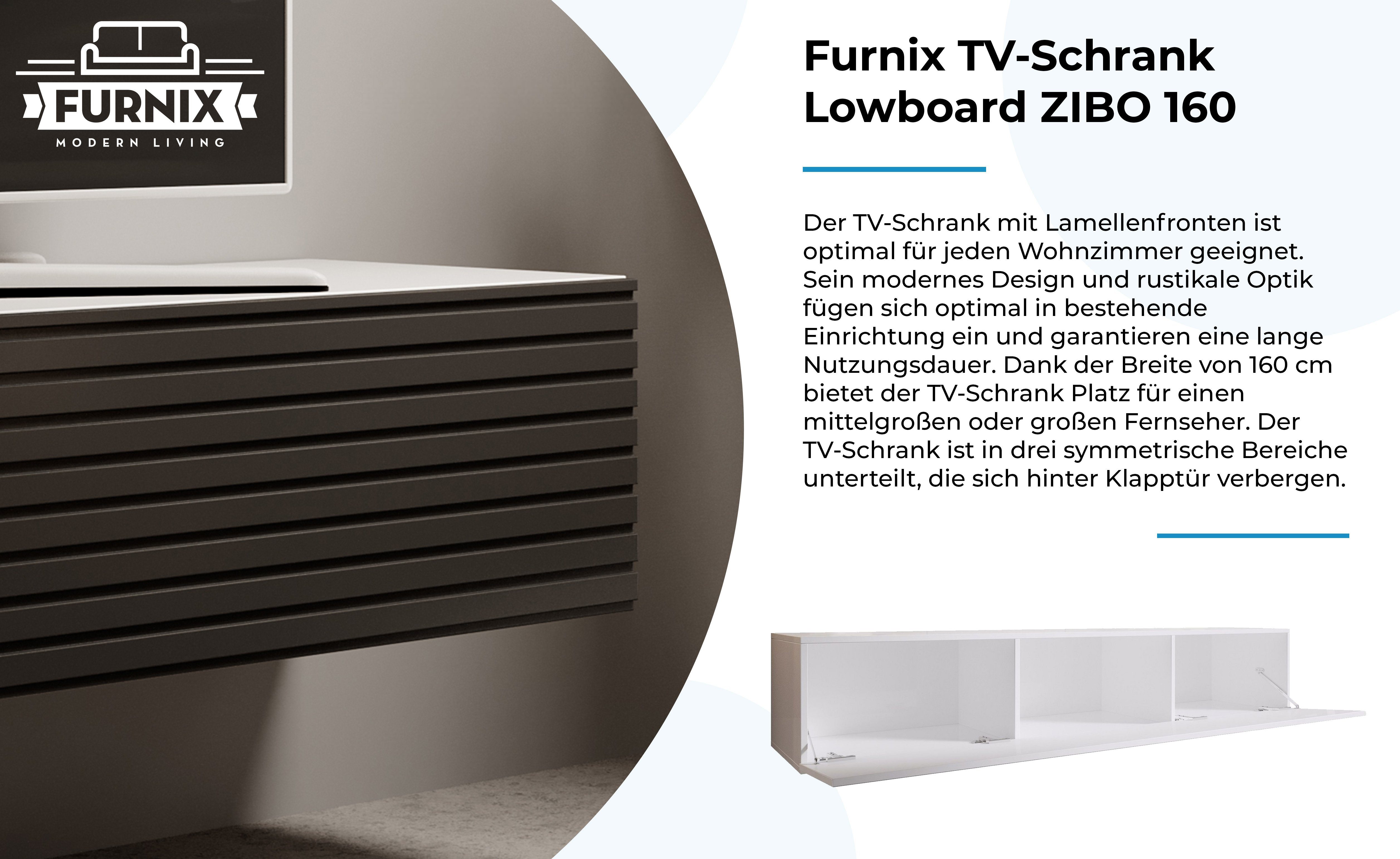 Lamellen TV-Schrank B160 Hängeschrank H34 cm Furnix Lowboard Lamellenfront mit x Weiß/Schwarze x T40 ZIBO 160 Designerschrank