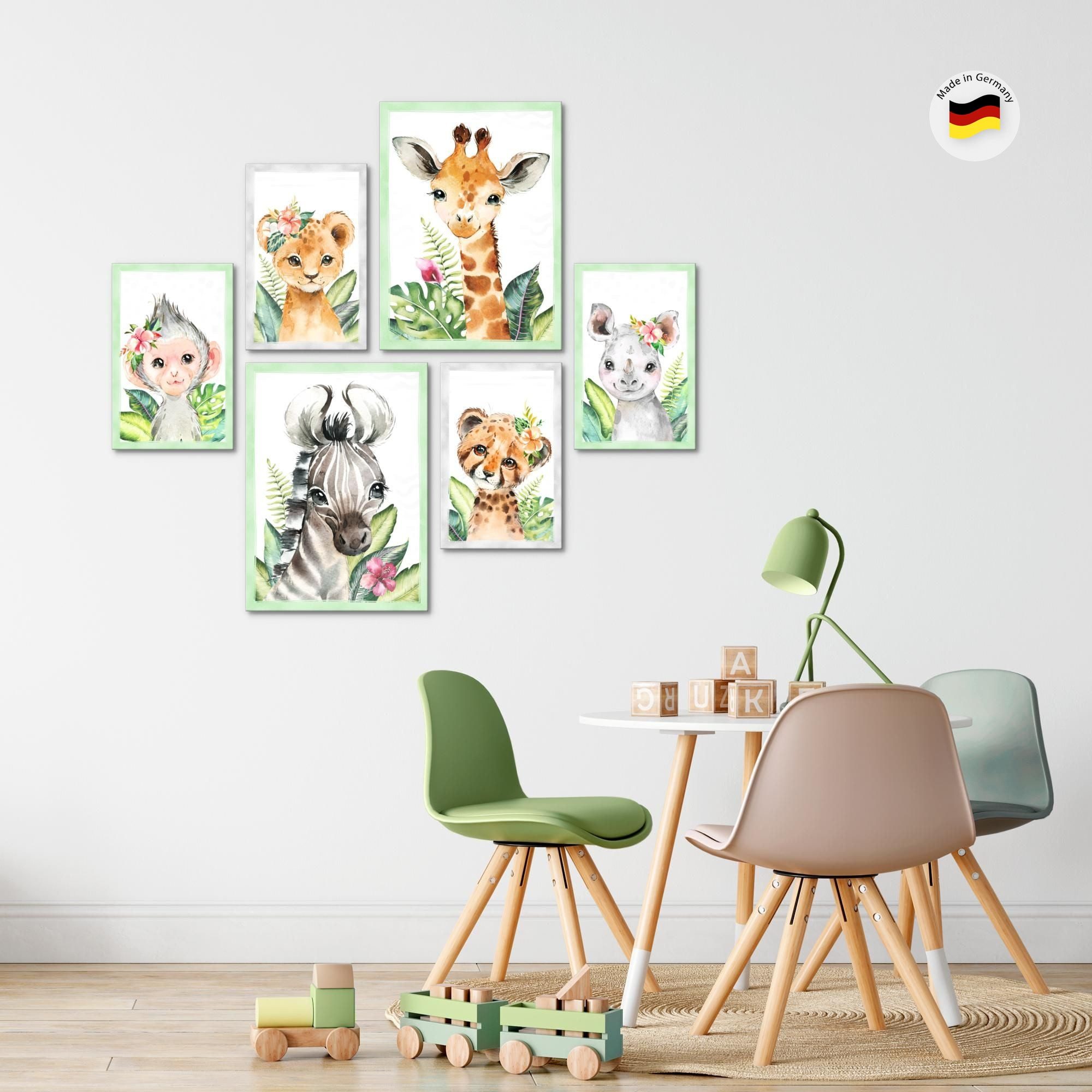 Novart Wandbild Tiere Afrika Grün AUFHÄNGFERTIG Deko Kinderzimmer Mädchen Junge N0173, 102L x 84B cm