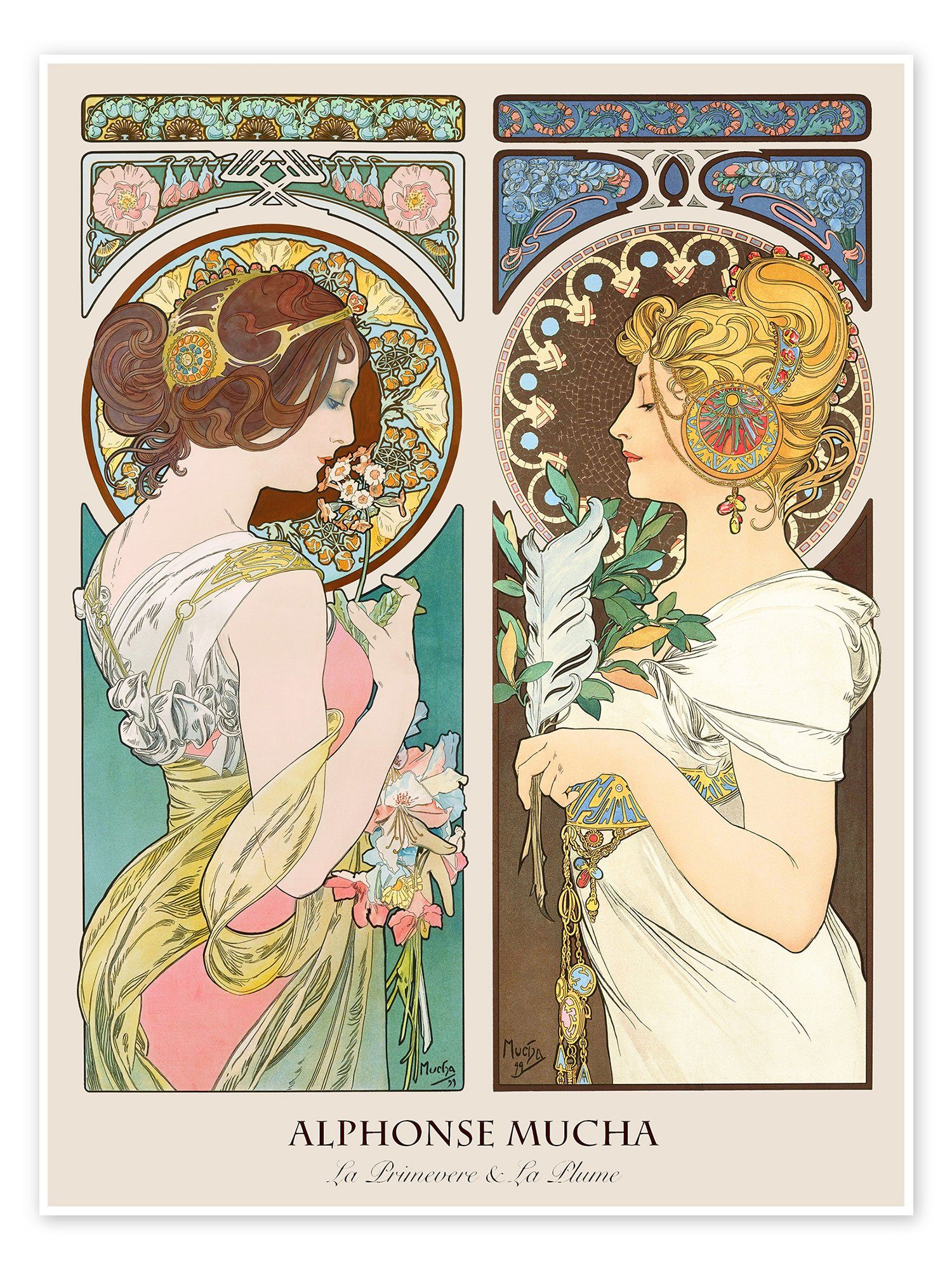 Posterlounge Poster Alfons Mucha, Schlüsselblume & Feder I, Vintage Malerei