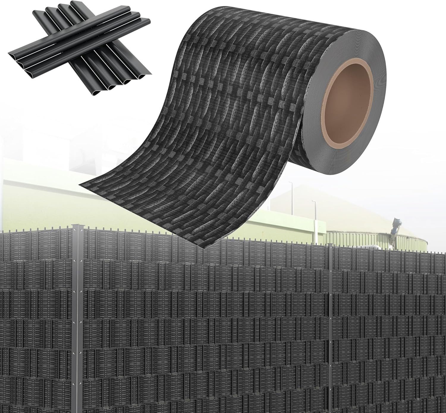 FIVMEN Sichtschutzstreifen 35m PVC Sichtschutz Sichtschutzfolie, Rattan, mit Befestigungsclipse, 19 cm Hoch Gartenzaun Windschutz für Zaun