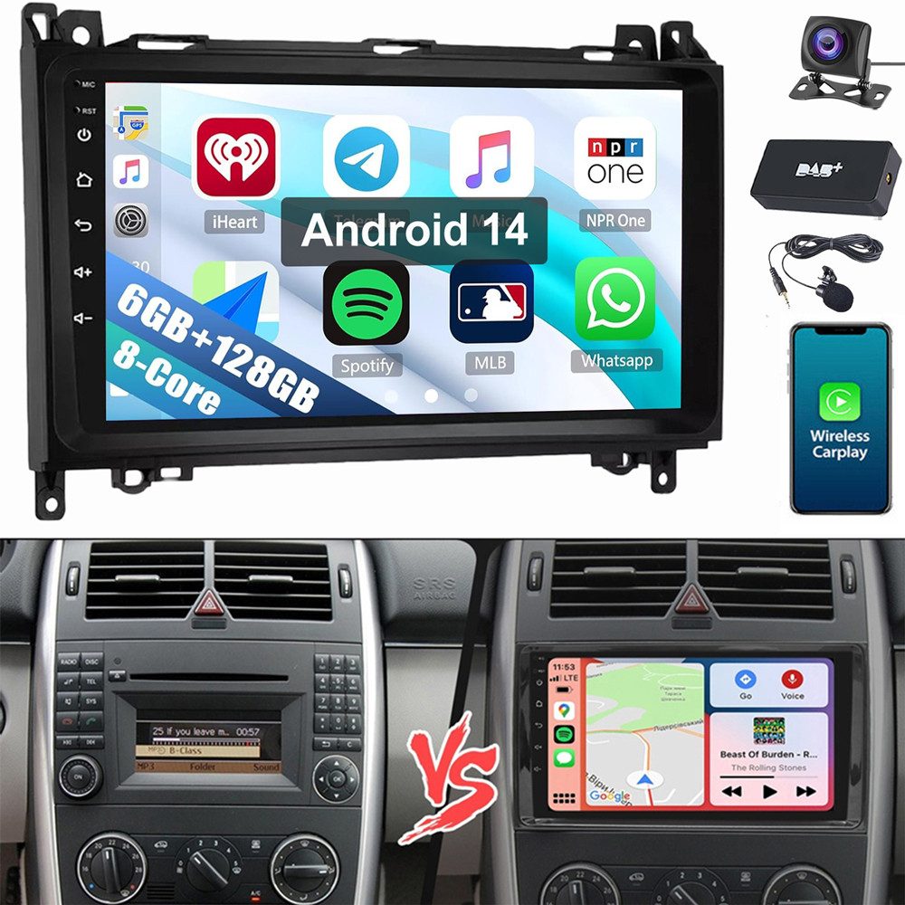 ESSGOO Für Mercedes W169 W639 Vito Viano W204 6+128G Android 14 Autoradio (RDS, Digitalradio (DAB), FM, AM, Apple Carplay Android Auto 4G LTE DSP SWC 8-Kern)