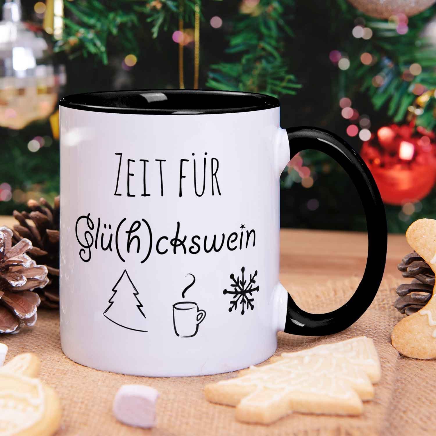 GRAVURZEILE Tasse mit Weihnachtsmotiv - Glückswein Frauen Weihnachten, und Schwarz Geschenke & für - - Weiß Männer Spülmaschinenfest zu Zeit für