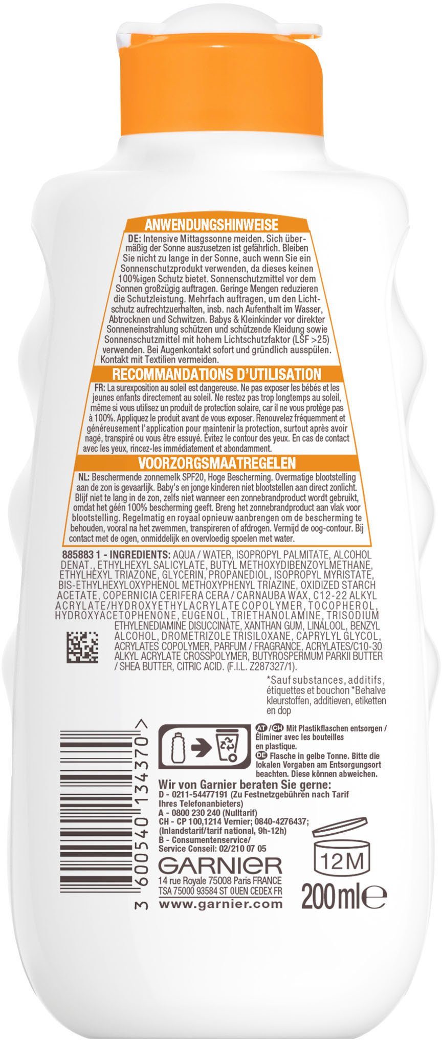 GARNIER Sonnenschutzmilch Garnier 20 Sonnenschutz-Milch 24h LSF Hydra