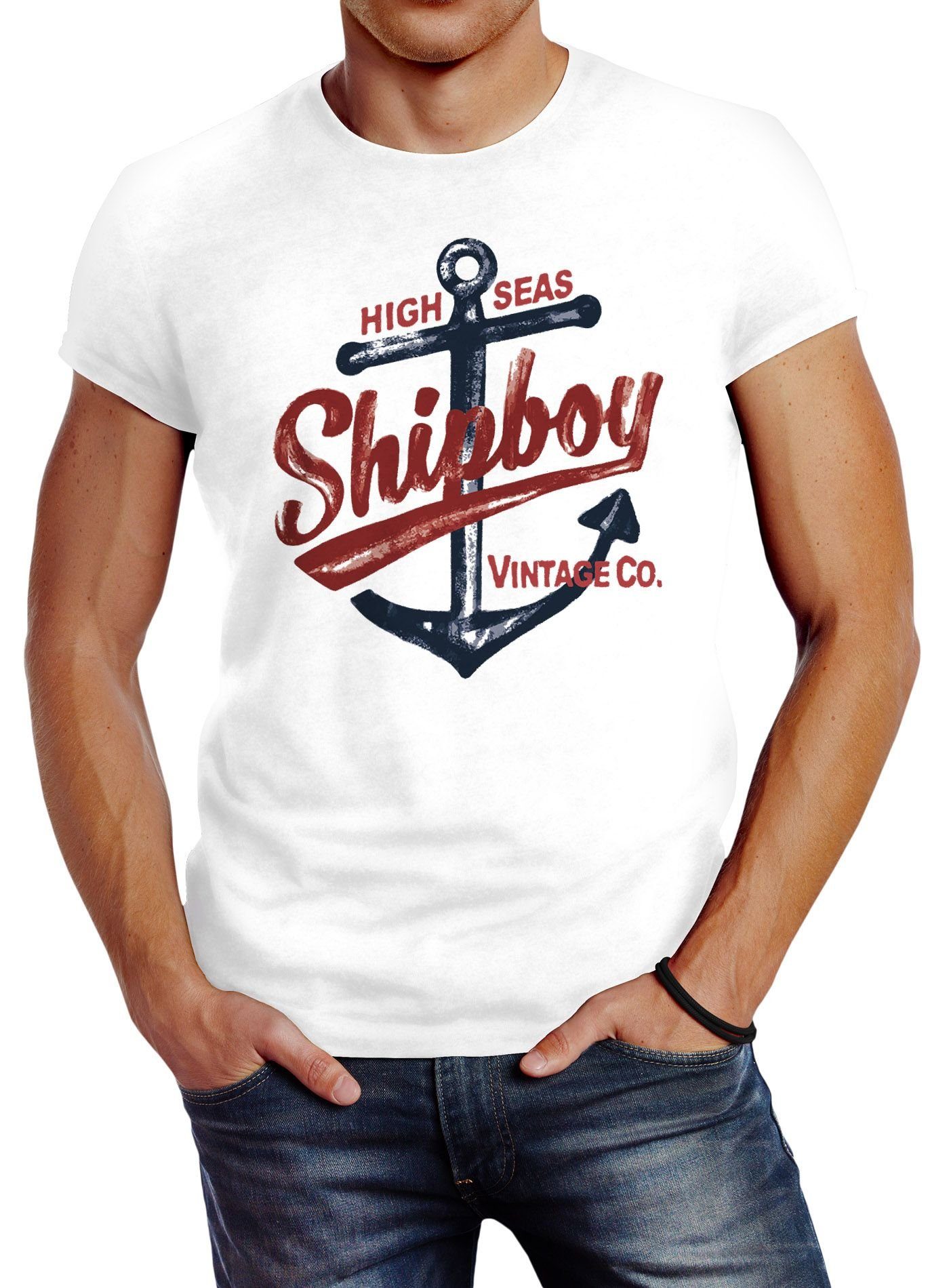 Neverless Print-Shirt Herren T-Shirt Anker Shipboy Vintage Slim Fit mit Print