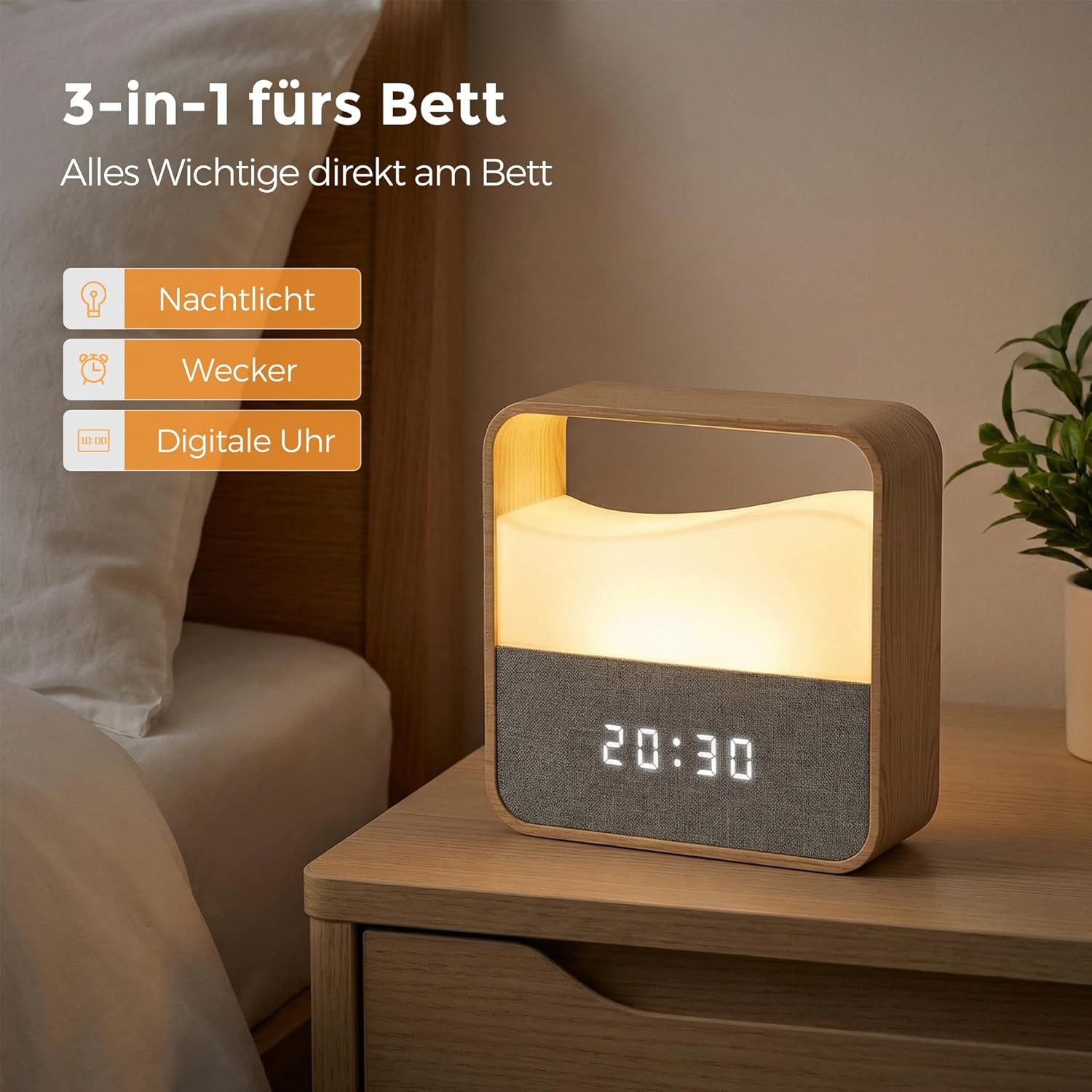 Luckice Nachtlicht Digitaler Wecker mit dimmbarem Nachtlicht,LED-Display USB-C, Doppelalarm,3 Lautstärken,Snooze,Tischuhr für Tiefschläfer