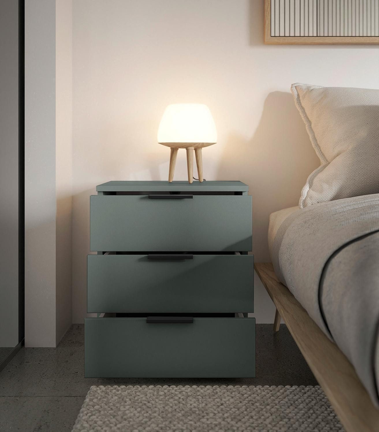 Bega Consult Nachtkommode LINZ, Salbeigrün, Schwarz, Salbei Dekor, 3 Schubladen, B 45,2 x H 50,7 x T 40 cm