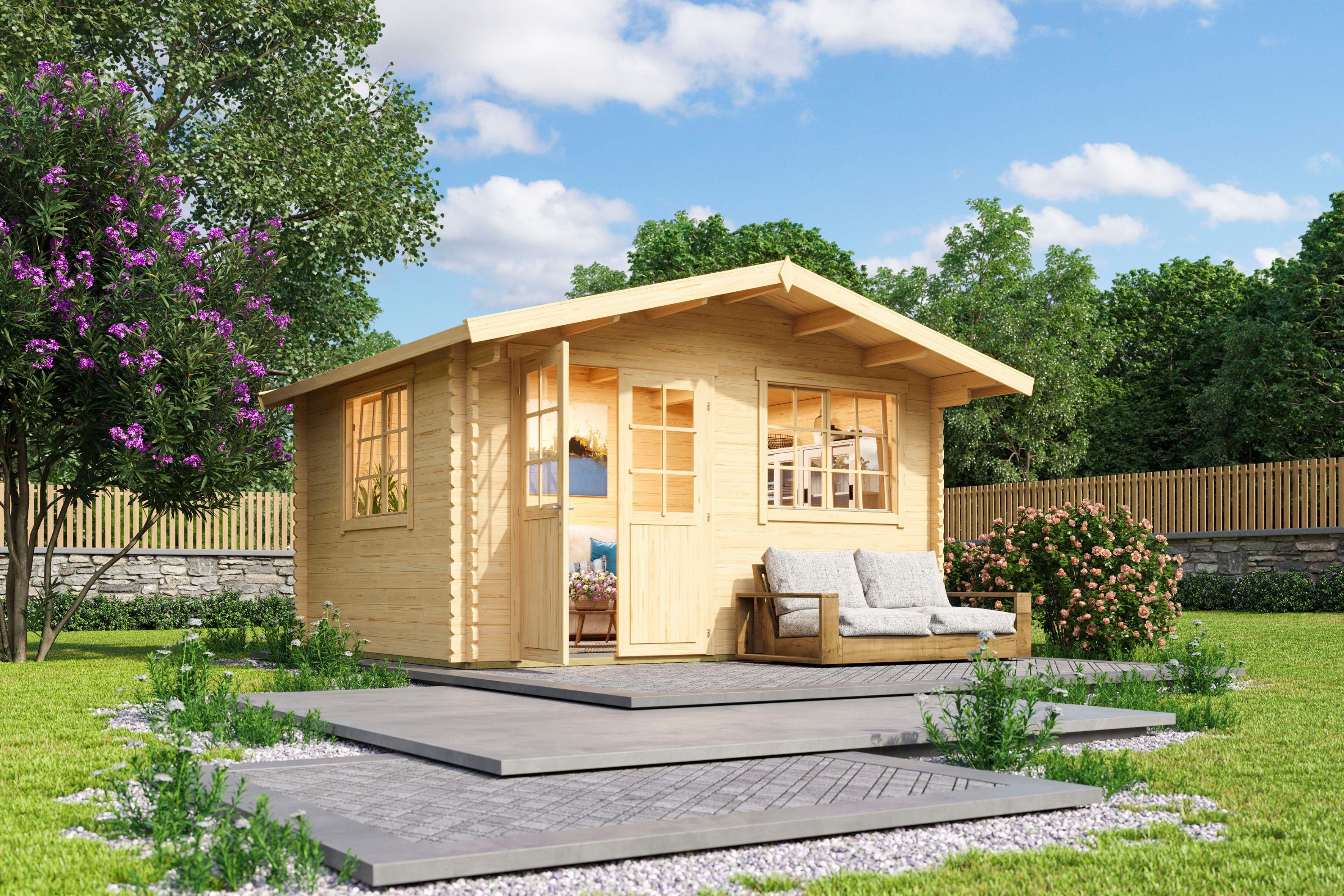 LASITA MAJA Gartenhaus Norderney 2, BxT: 444,6x390 cm, (Set, inkl. Fussbodenbretter zum verlegen), Blockbohlenhaus 40 mm