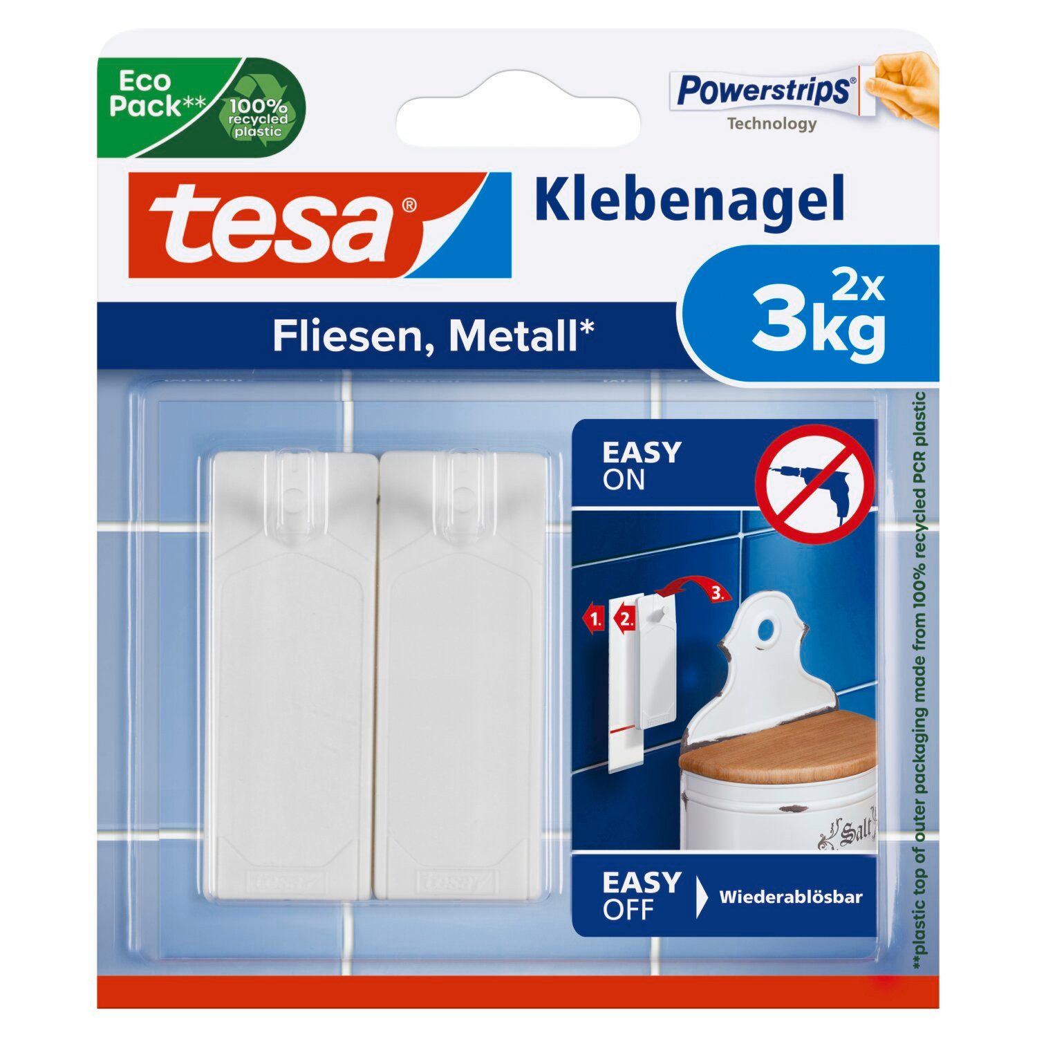 tesa Klebehaken tesa Klebenagel Fliesen&Metall, verstellbar, 2 Stück, 3 kg Haltekraft, Dekoration, Bilder, Leinwände, Lichterketten, Girlanden, (Packung, 2-St., 2 Stück), Klebenägel mit max. 3 kg Haltekraft - Tapete & Putz - 2er Pack