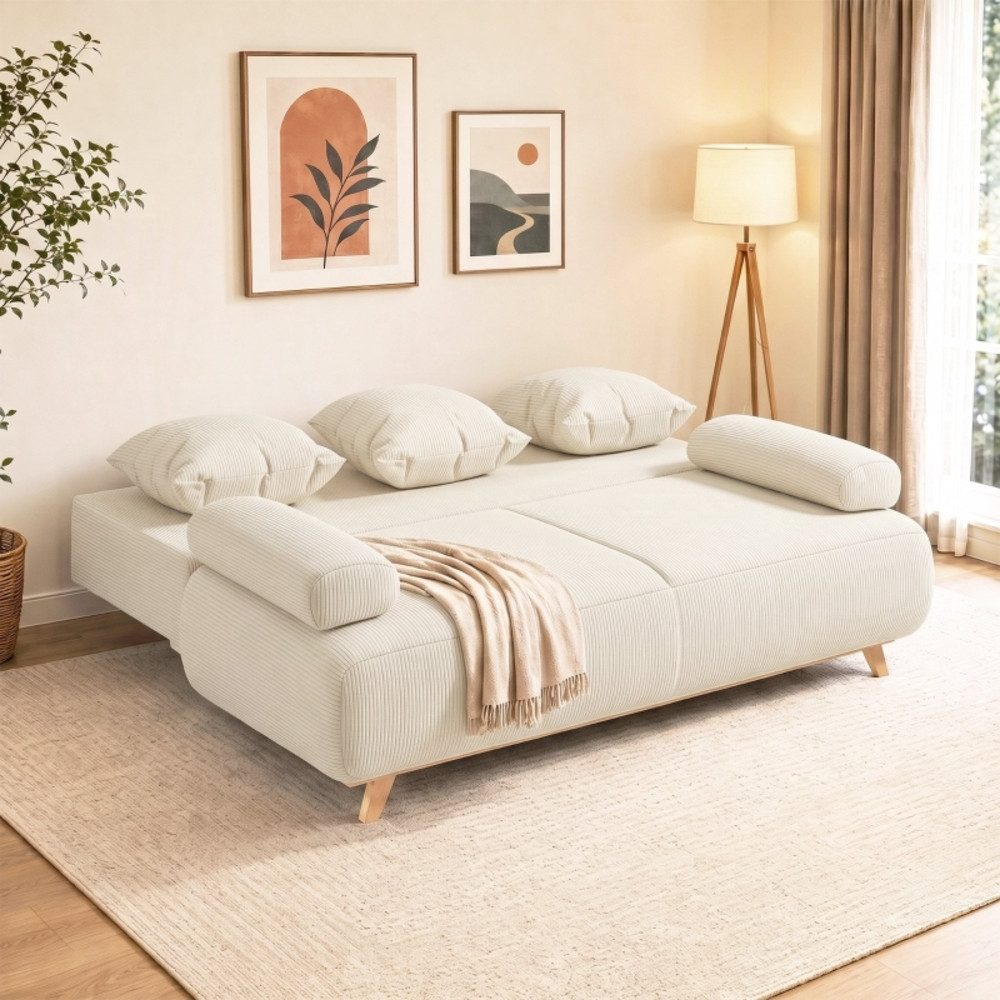 OKWISH Schlafsofa Sofabett Beige mit Cordbezug und verstellbarer Rückenlehne, Wohnsofa für Wohnzimmer mit flexiblem Rückenlehnen Design 1 Teile, Funktionssofa mit Bettfunktion und integriertem Stauraum