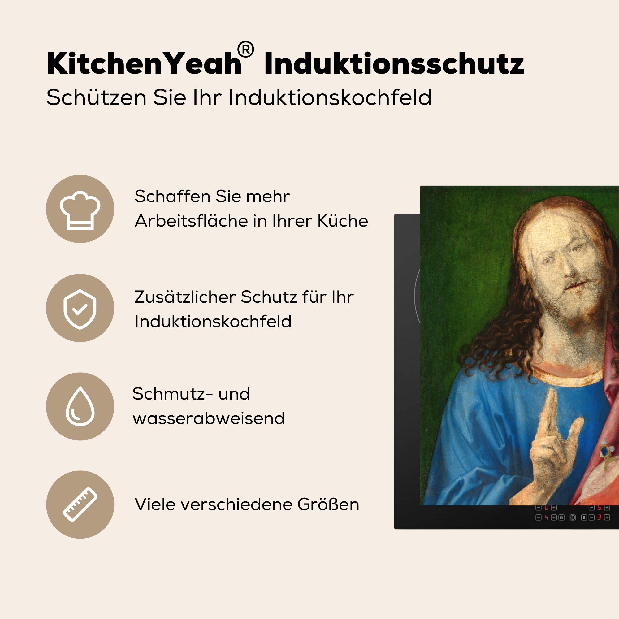 MuchoWow Herdblende-/Abdeckplatte Salvator Mundi - küche Dürer, (1 Ceranfeldabdeckung, Arbeitsplatte cm, tlg), Albrecht 78x78 Vinyl, für