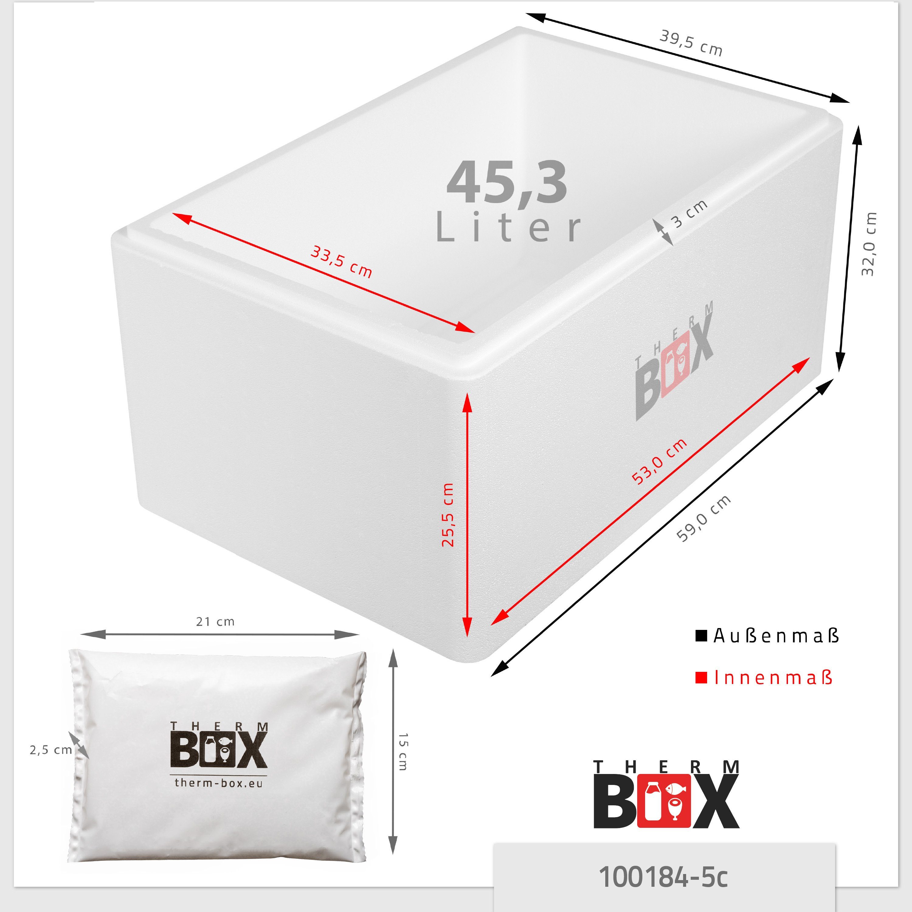 Thermbox mit 45W Kühlakku Transportbox mit Kühlkissen, Kühlkissen), (0-tlg., THERM-BOX Innen: Thermbehälter 5 Thermobehälter 45L Styropor-Verdichtet, 53x33x25cm Styroporbox Kühlbox
