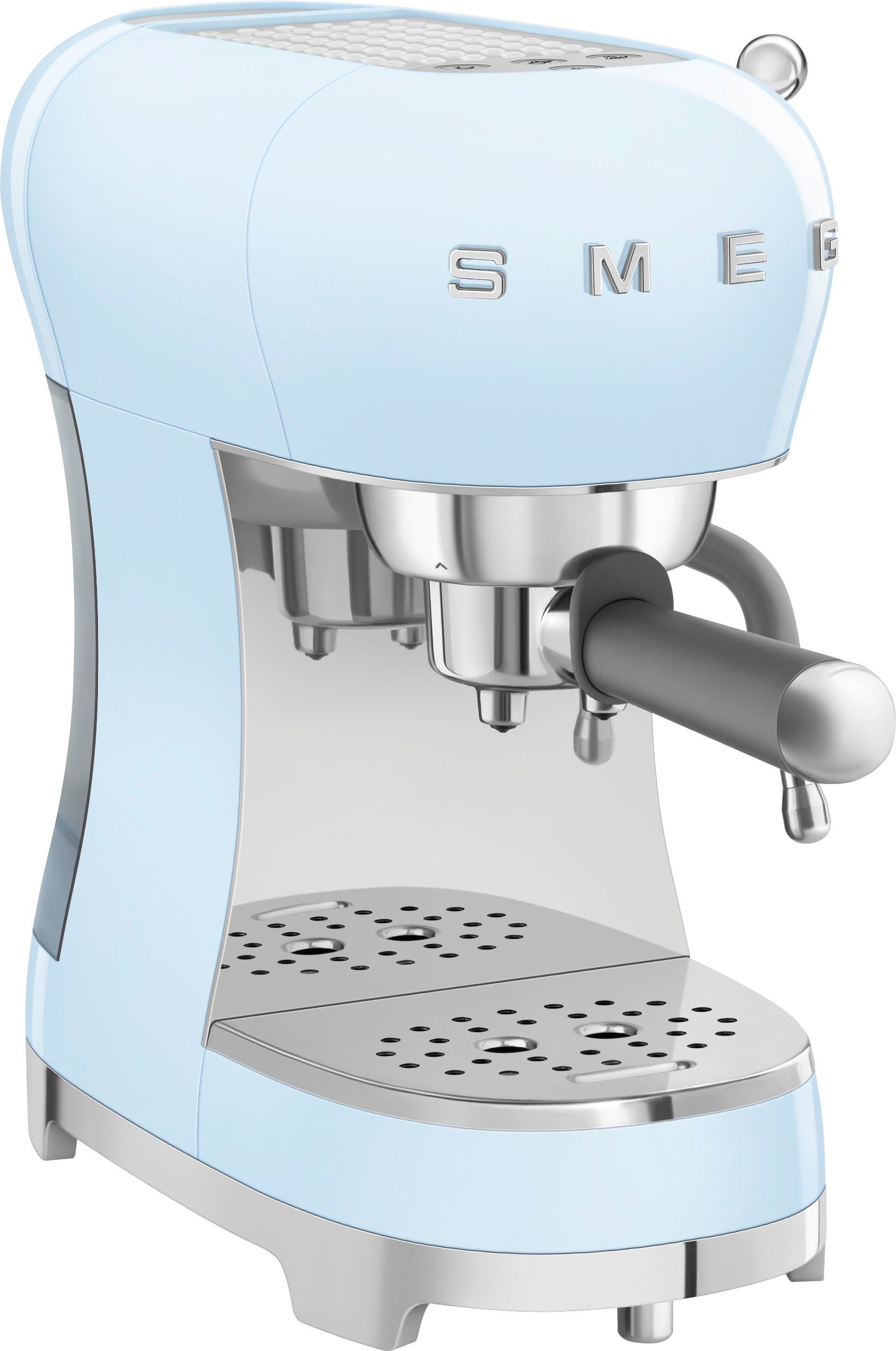 Smeg ECF02PBEU Espressomaschine von vorne mit Siebträger und Brühgruppe