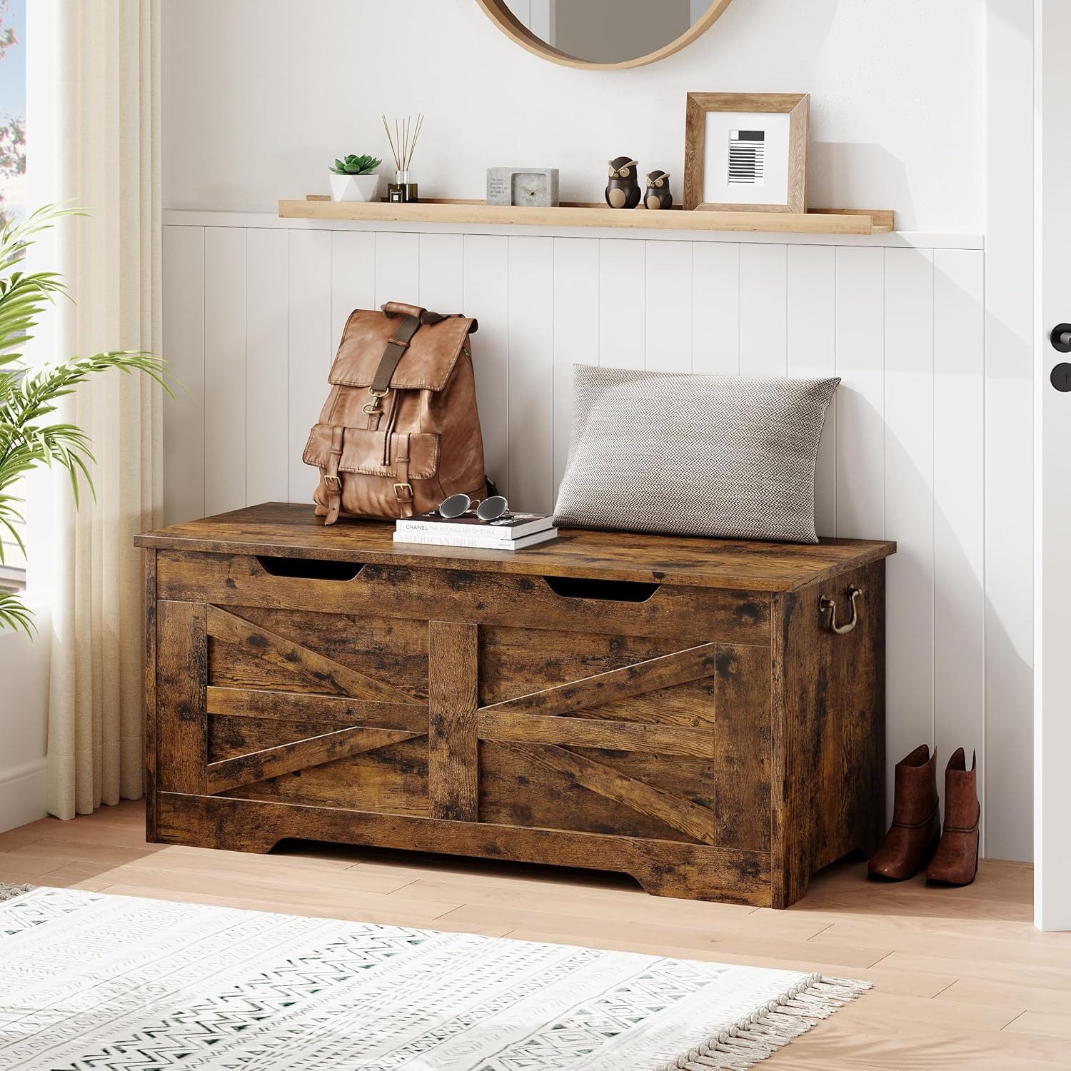 GarveeMore Aufbewahrungsbox 100cm Holz-Sitzbank mit Sicherheits-Scharnier,Aufbewahrungstruhe, Truhe mit Klappdeckel (z. B. für Decken), belastbar bis 159 kg