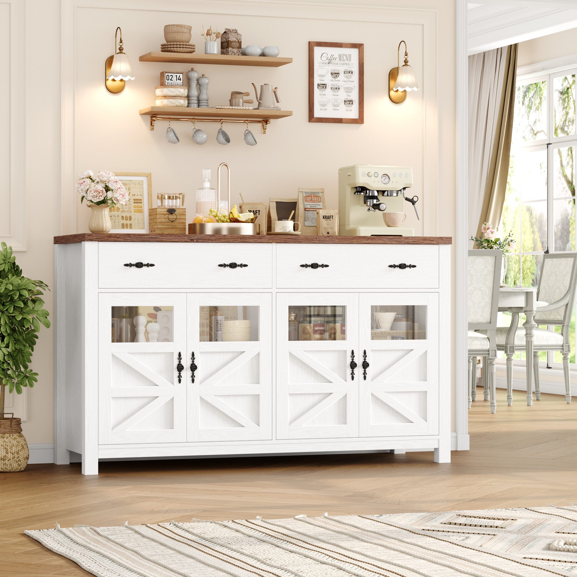 Homfa Sideboard Küchenschrank Buffetschrank Küchenbuffet, mit 2 Schubladen 4 Glastüren für Wohnzimmer Küche 140x40x90 cm weiß