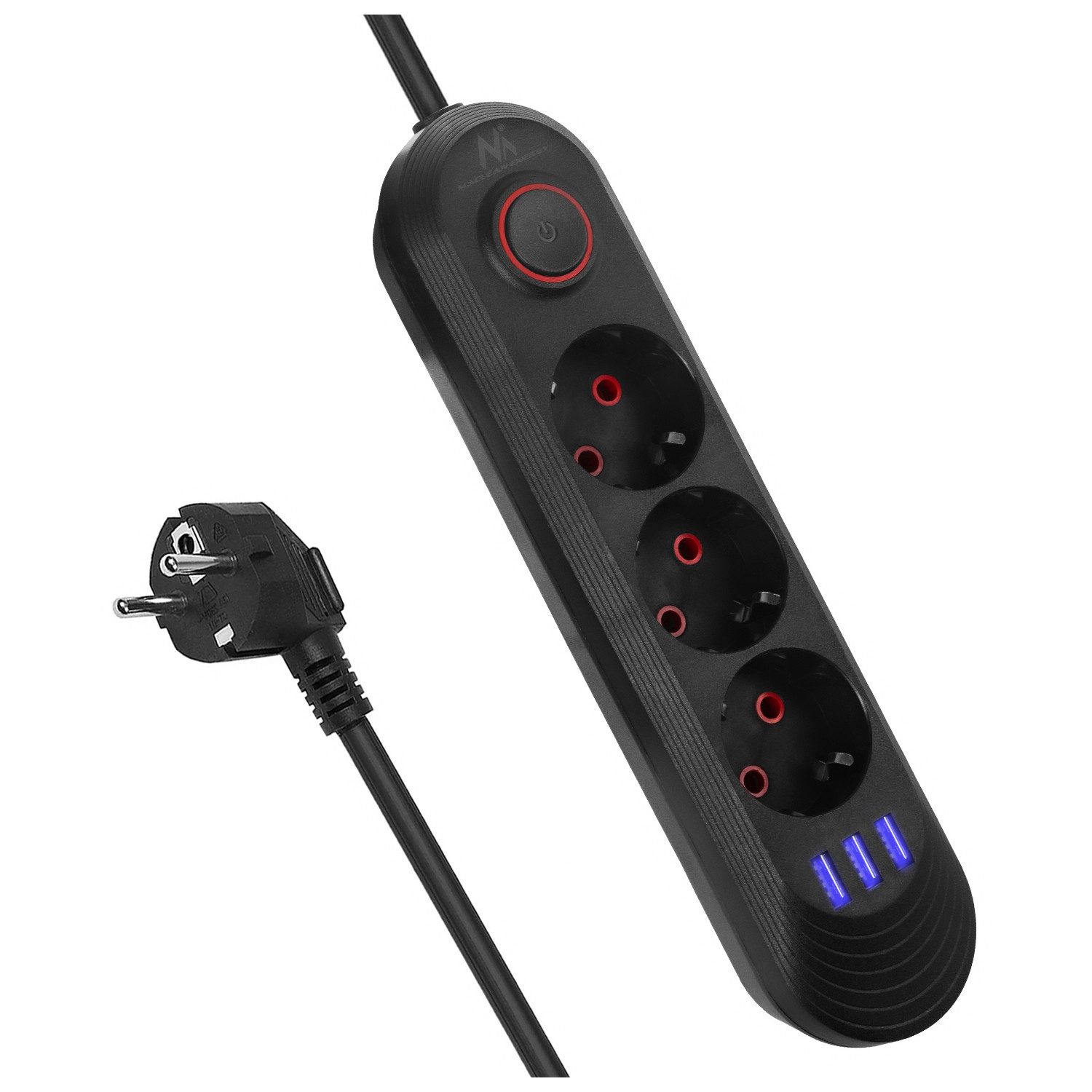 Maclean MCE394 3er Steckdosenleiste 2500W 3xUSB Steckdosenleiste 3-fach (Kabellänge 1.5 m), 110-240V AC 50/60Hz, 2,1A max 2500W, 1,5m