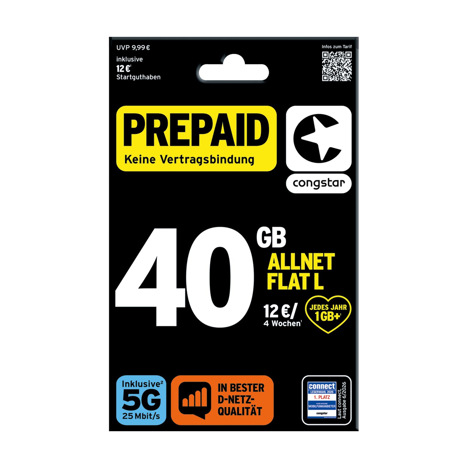 Congstar Prepaid ALLNET L SIM-Karte ohne Vertrag 5G mit 25 Mbit/s Prepaidkarte, (EU-Roaming inkl. CH, 12 € Startguthaben)