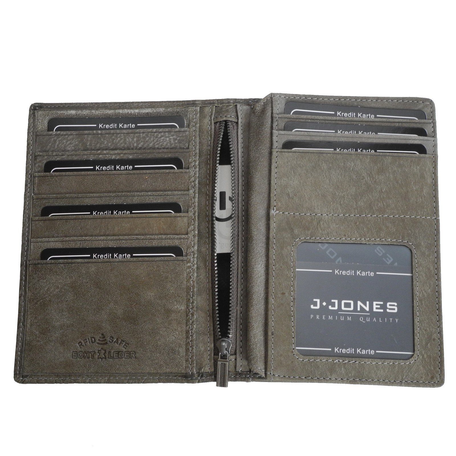J.Jones Kartenetui J.JONES - RFID Leder Kreditkartenmappe Brieftasche Ausweisshülle safe Grau