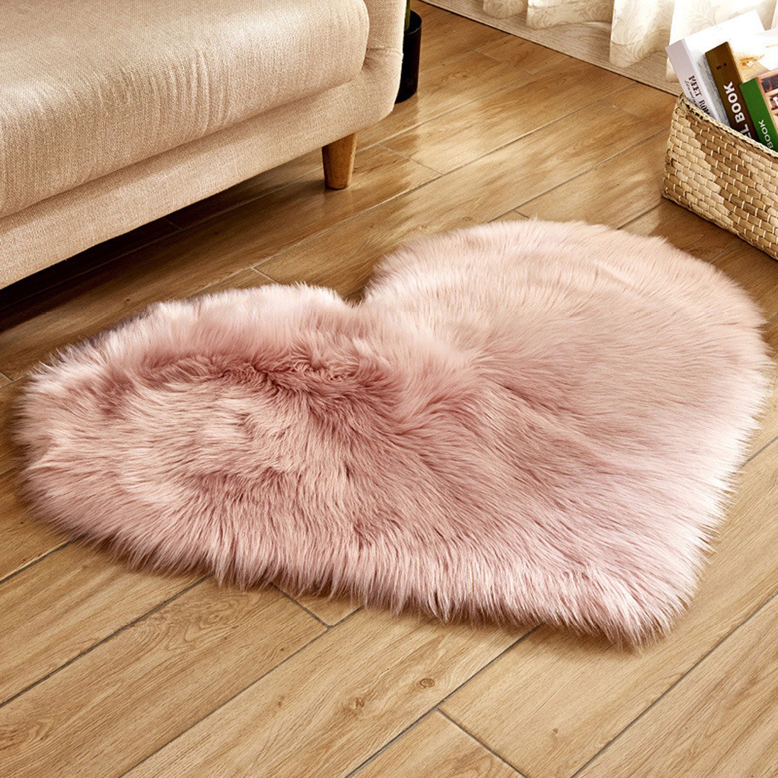 Jibenhome Hochflor-Teppich Herzförmiger Fellteppich,Kunstfell Schaffell,Hochflor Shaggy Teppiche, Rosa,70 cm x 90 cm, Höhe: 60 mm, Bodenteppich, Waschbarer