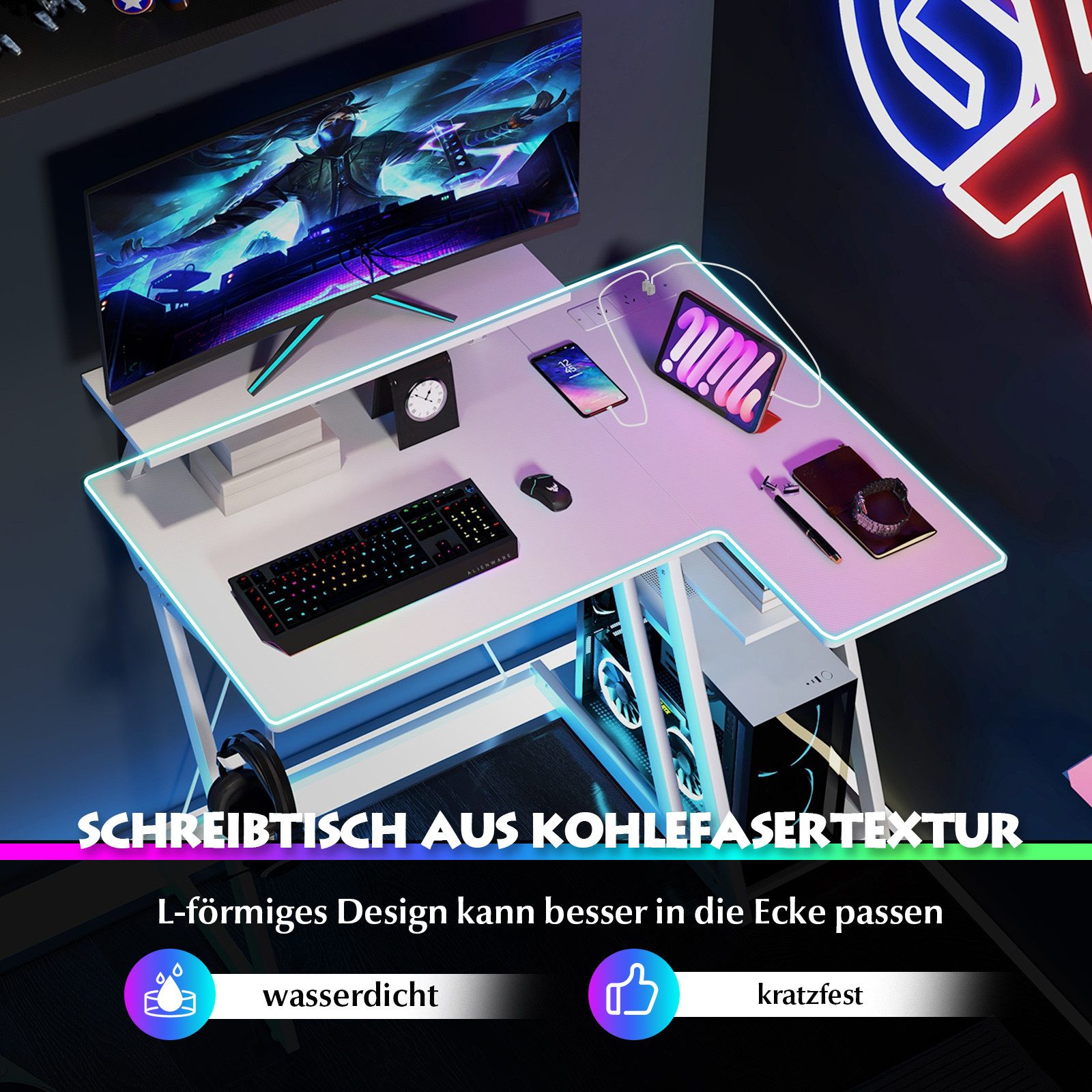 KOMFOTTEU Computertisch, mit Steckdosen & USB-Anschlüssen, 107 x 45 x 93 cm