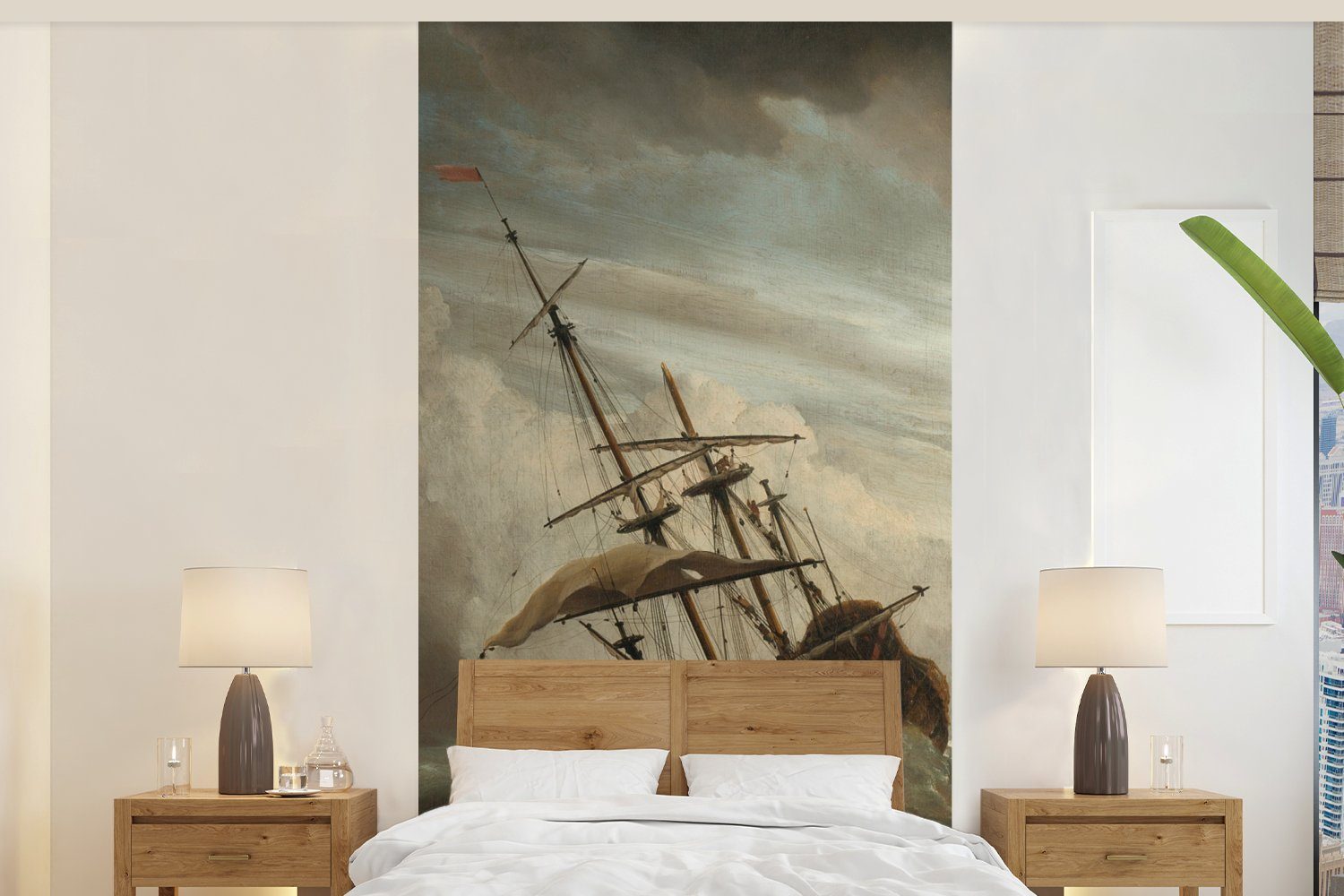 Gemälde eines Ein von Willem, offener Fototapete MuchoWow Matt, Fototapete für St), See - (2 auf bedruckt, Vliestapete Küche, während Wohnzimmer Sturms Schlafzimmer Schiff
