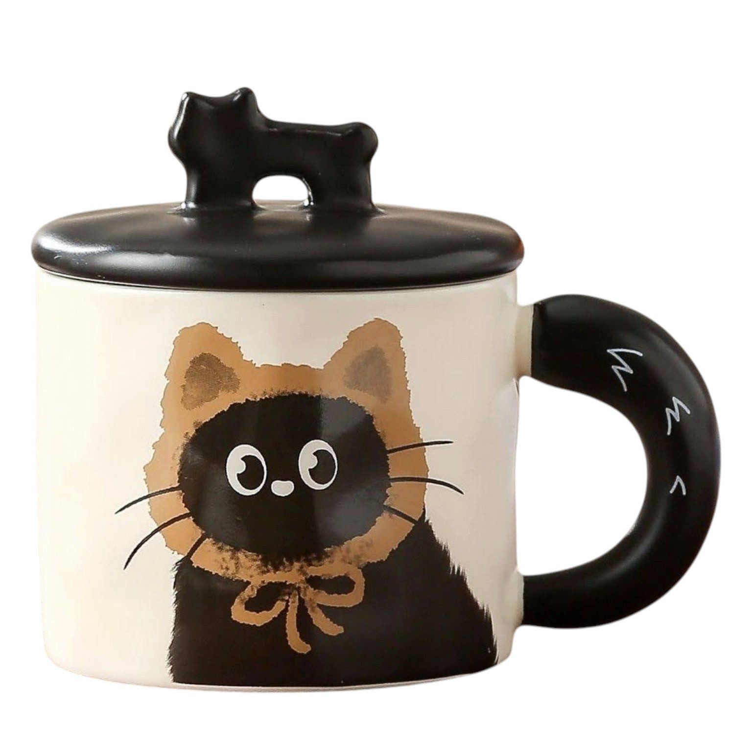 Dark-Desires Tasse Niedliche Keramik-Tasse Katze mit Deckel und Löffel - 350ml - braun