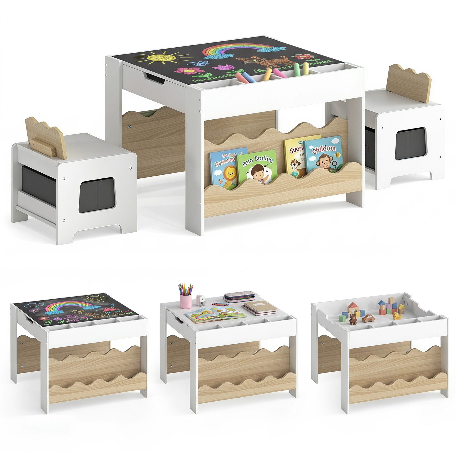 COSTWAY Kindersitzgruppe, (3-tlg), mit 2 Stühlen & wendbarer Tischplatte, Holz