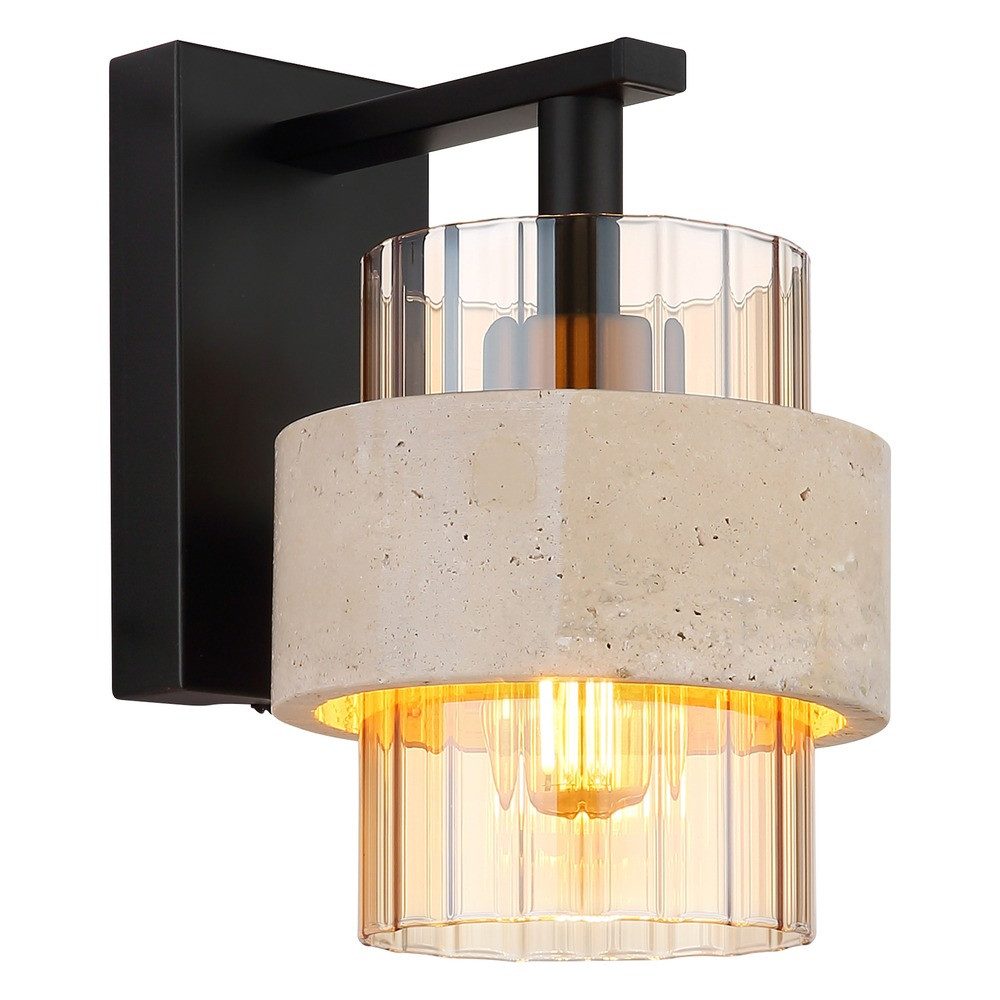 GLOBO LIGHTING Wandleuchte, Leuchtmittel nicht inklusive, Wandleuchte, schwarz, Travertine Stein, gemustertes, Glas, H 21 cm