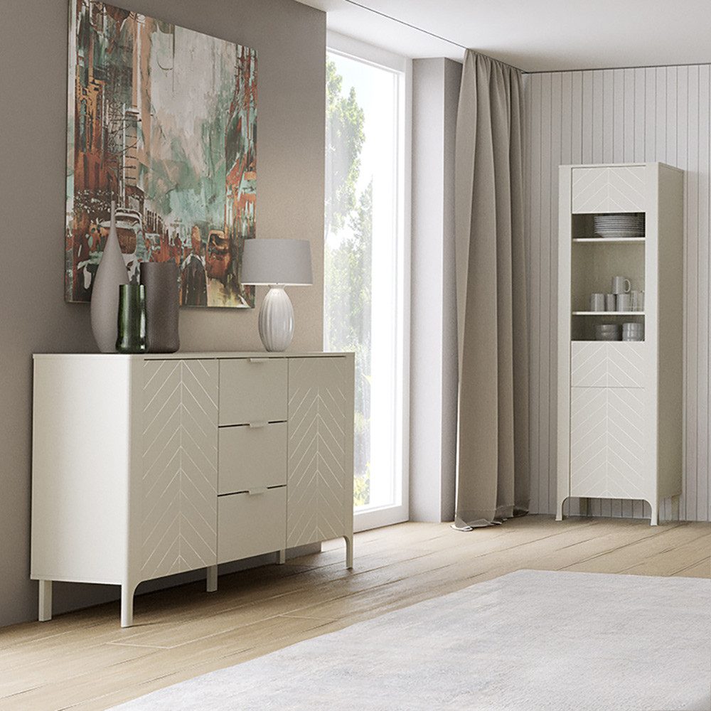 Lomadox Wohnzimmer-Set MAZARA-161, (Mega-Spar-Set, 2-St., Kommode Vitrine), Wohnwand mit Fischgrät Dekor, Push-to-Open und Softclose-Funktion