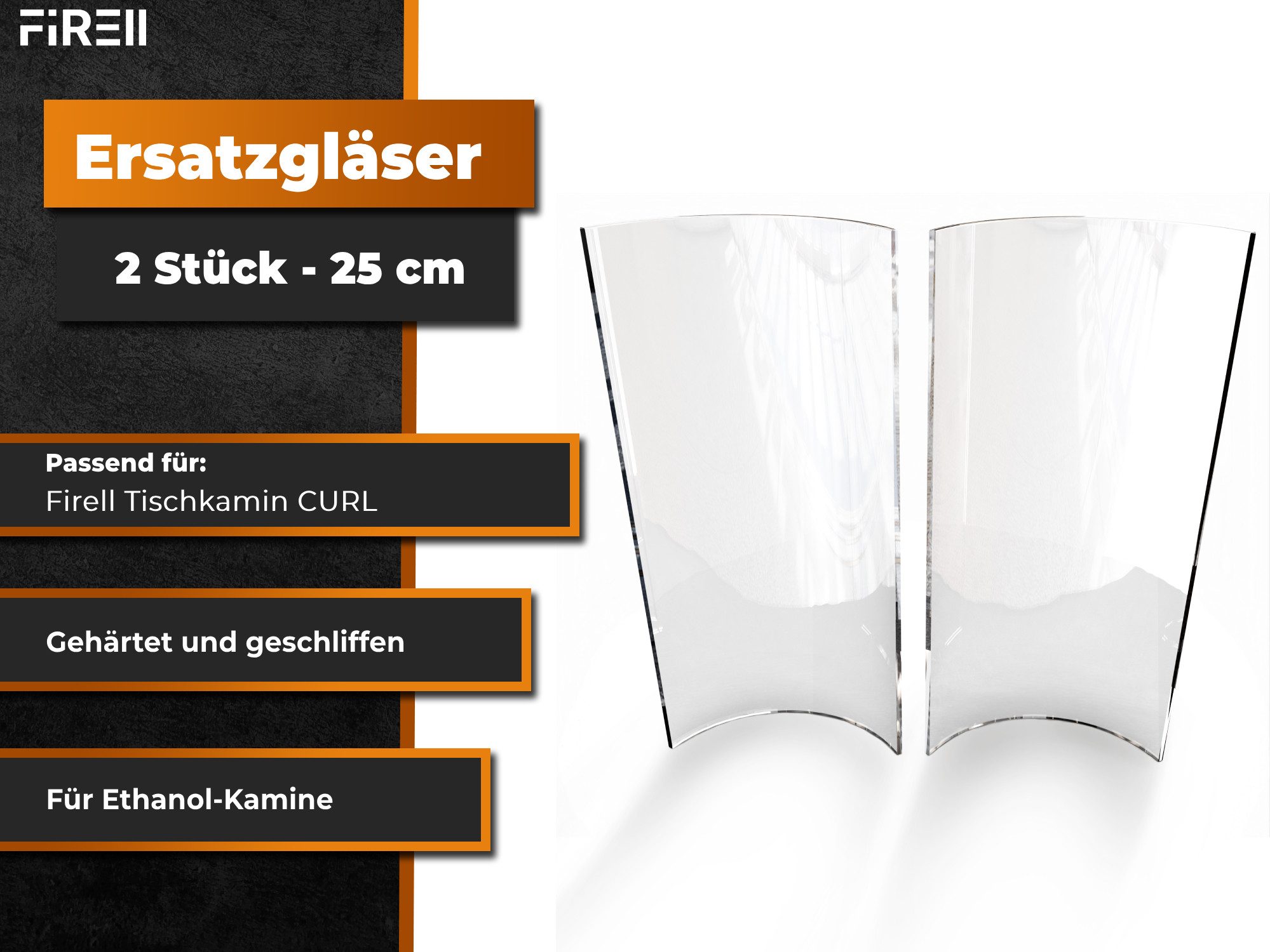 FIRELL Tischfeuer Glas (2x) für Ethanol Tischkamine (Passend für Firell Tischkamin CURL & CURL-II), Sicherheitsglas, feuerfest, gehärtet, Hitzebeständig