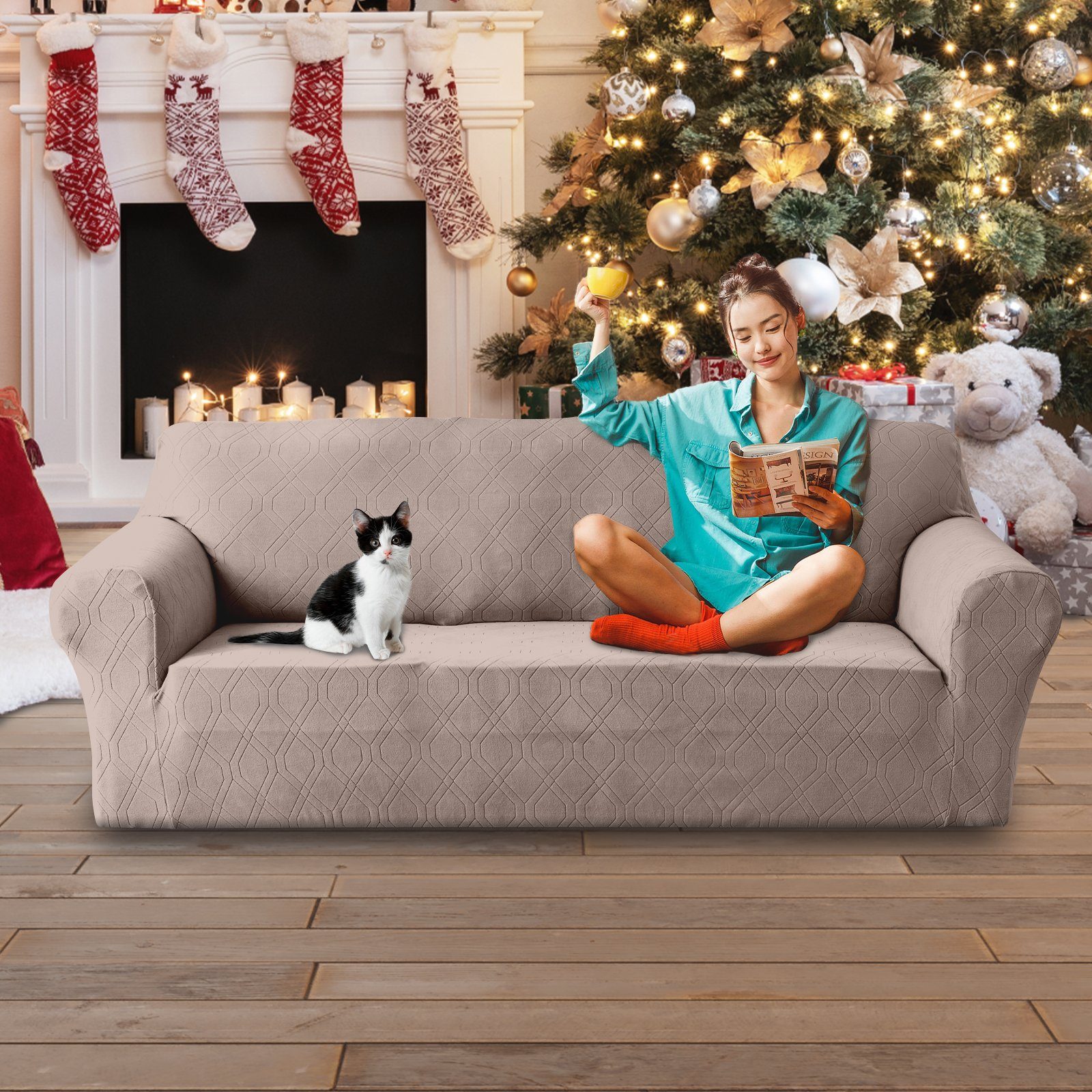 Sofabezug Jacquard, Überzug, Elastische Couchbezug mit Anti-Rutsch-Schaumstoffe, Sunicol, 1/2/3/4 Sitzer, Sofabezüge für Hunde Katzen und Haustiere Khaki