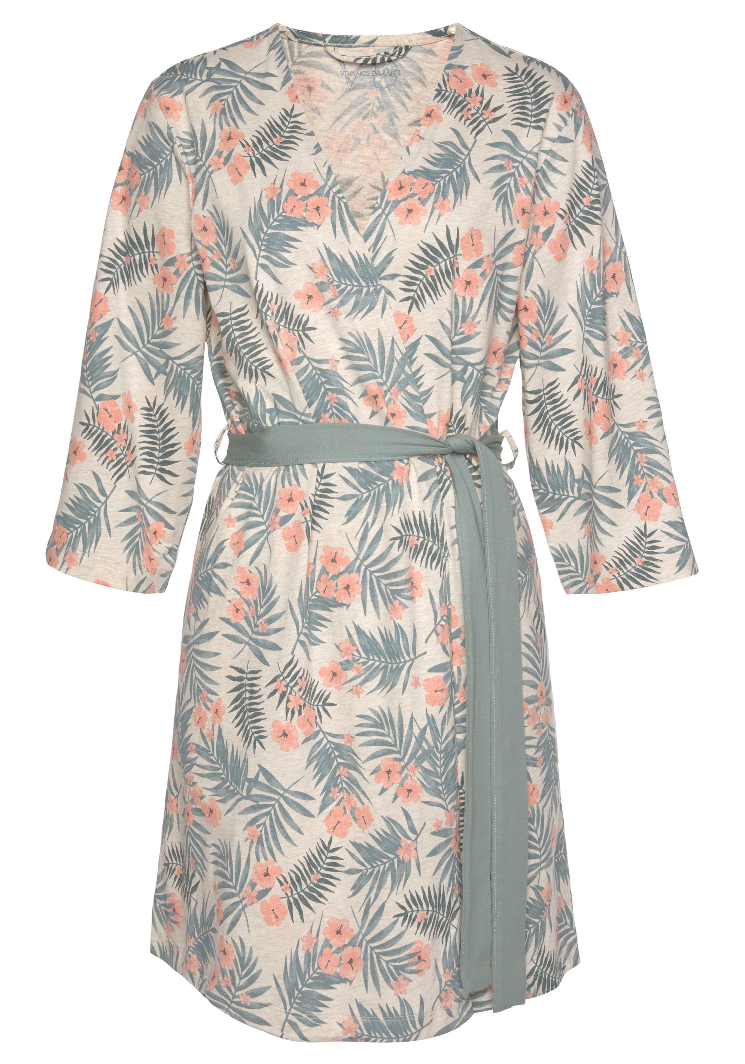LASCANA Kimono, und in Kurzform, Gürtel, Baumwolle, uni sand-grün Allover-Druck