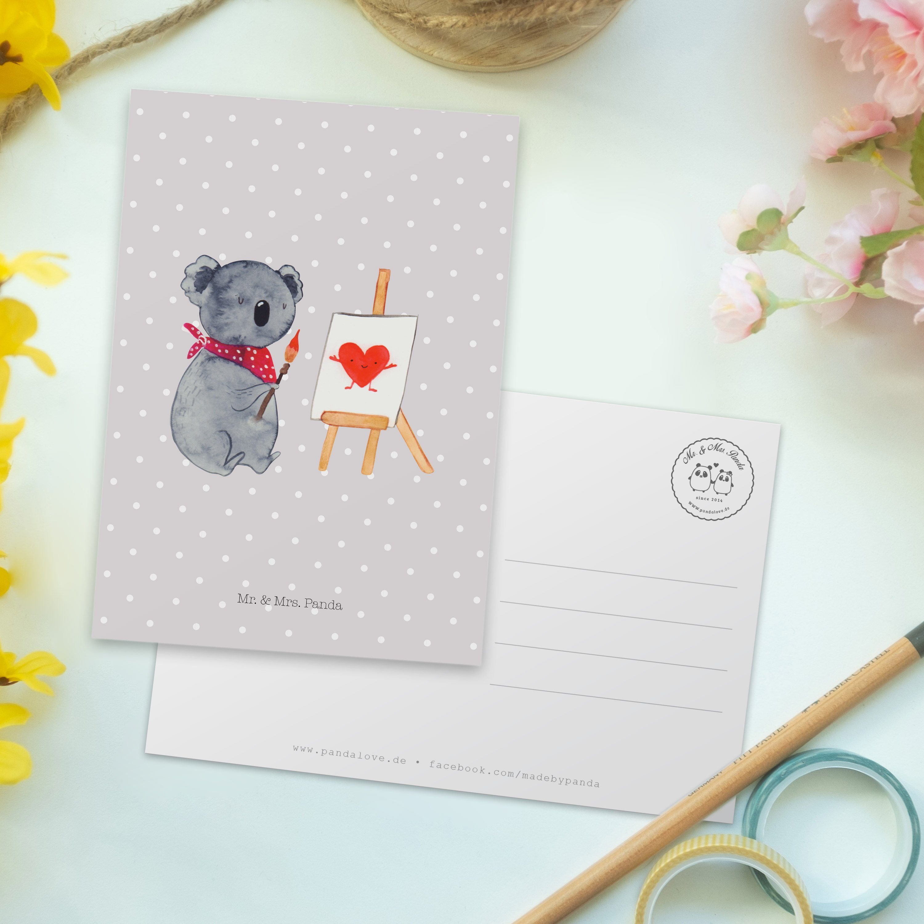 Mrs. Einladungskarte, - Koala & Pastell Künstler Postkarte - Geschenkka Mr. Grau Panda Geschenk,