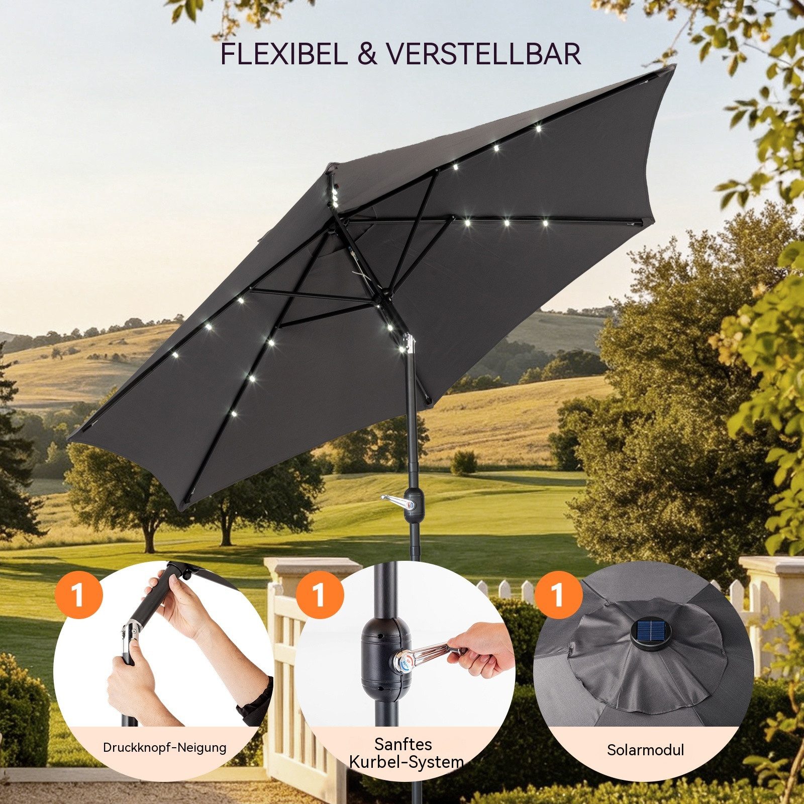 LALAHO Sonnenschirm Gartenschirm Ø266cm mit Solar LED Beleuchtung, Kurbel & Neigefunktion, 6 Stahlrippen UPF50+ Terrassenschirm für Garten, Terrasse – Bild 2 von 5