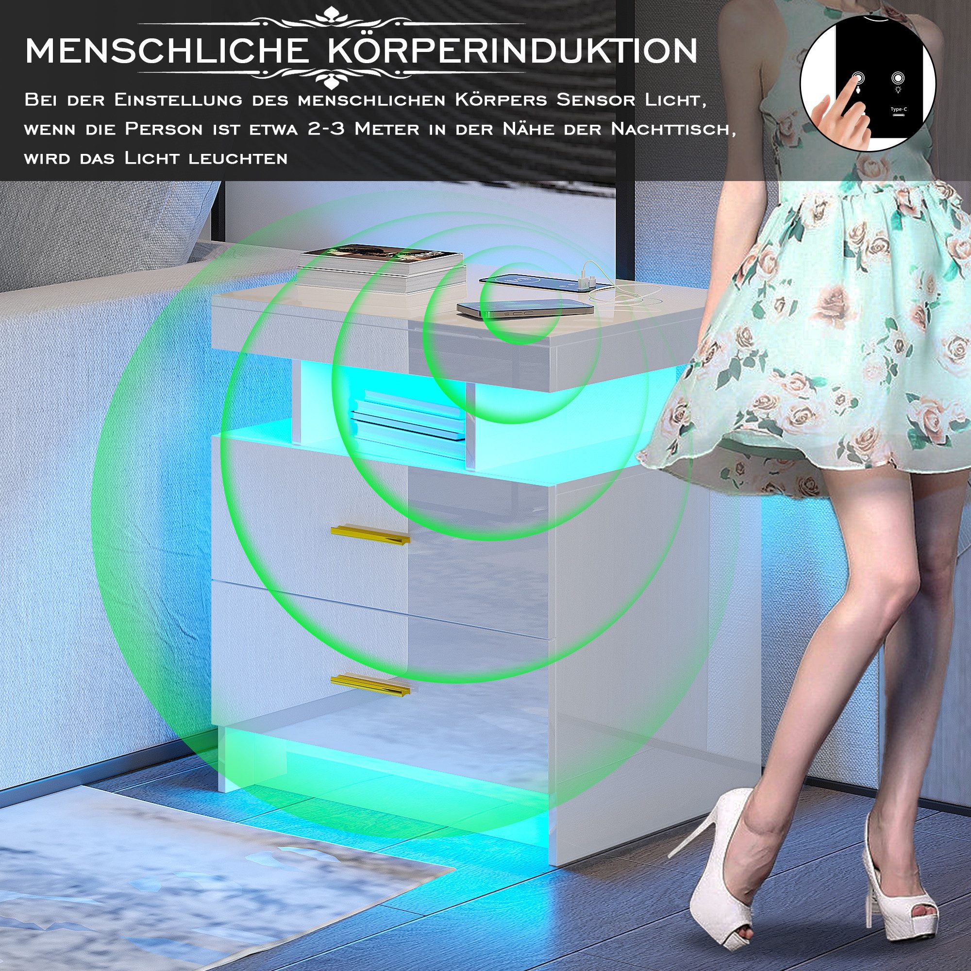 LVifur Nachttisch mit LED-Licht und Sensor, 2 Schubladen, USB&Type-C, kabelloses Laden (1-St), 3 Farben Dimmbares Licht, 40T x 50B x 58H cm, Hochglanz Weiß