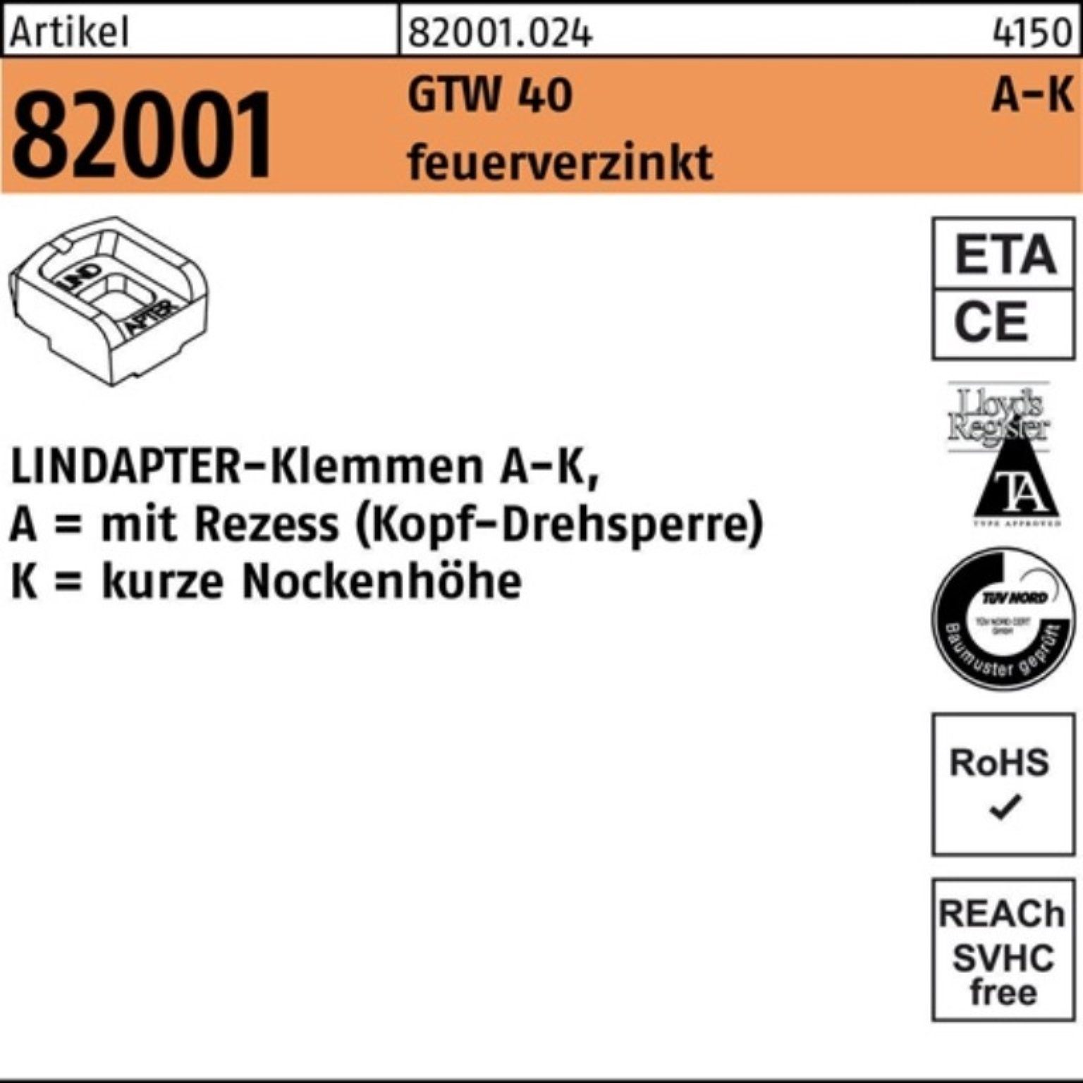 LINDAP feuerverz. Pack 1 Klemmen 40 R KM Klemmen GTW Stück 100er 10/4,0 82001 Lindapter