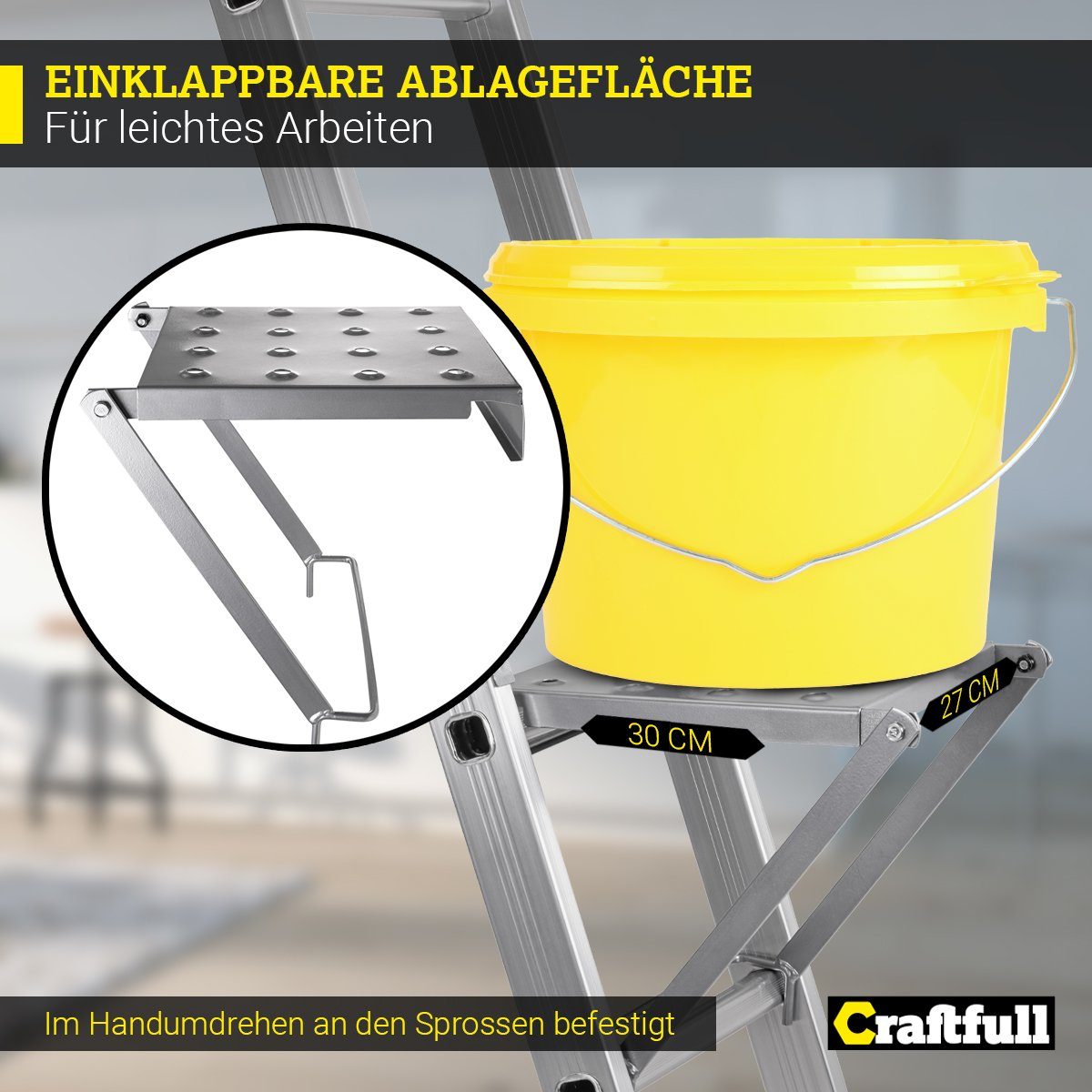 Craftfull Klapptritt Einhängetritt für CF-104A - 3 J. Garantie - Stahl - einklappbar (einhängbare Plattform für Sprossenleiter Werkzeugablage Trittleiter Trittflächenvergrößerung, 1-St., 27.0 x 30.0 cm, 30 Kg Traglast), Ablagefläche zum Einhängen für Craftfull Gelenkleiter CF-104A