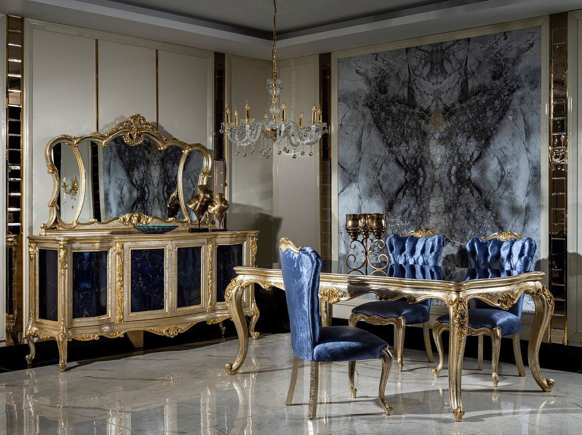 Casa Padrino Esszimmer-Set Luxus Barock Gold Prunkvoll Set Esszimmer Barock Esstisch / Möbel & Esszimmer Silber & Esszimmerstühle 1 / - 6 - Edel - Blau