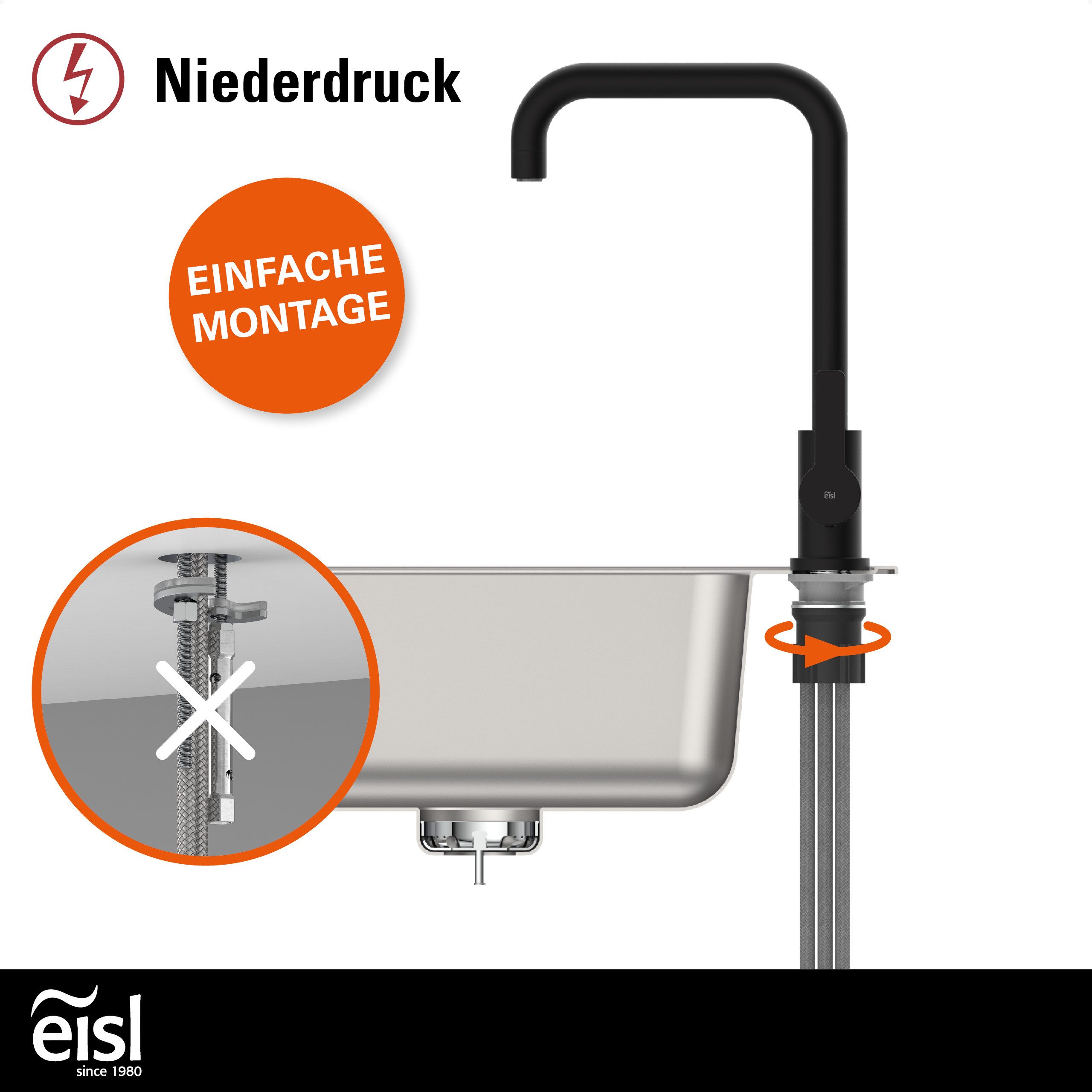 Eisl Spültischarmatur Futura Niederdruckarmatur, Dripless, Cold-Start, 360° schwenkbar