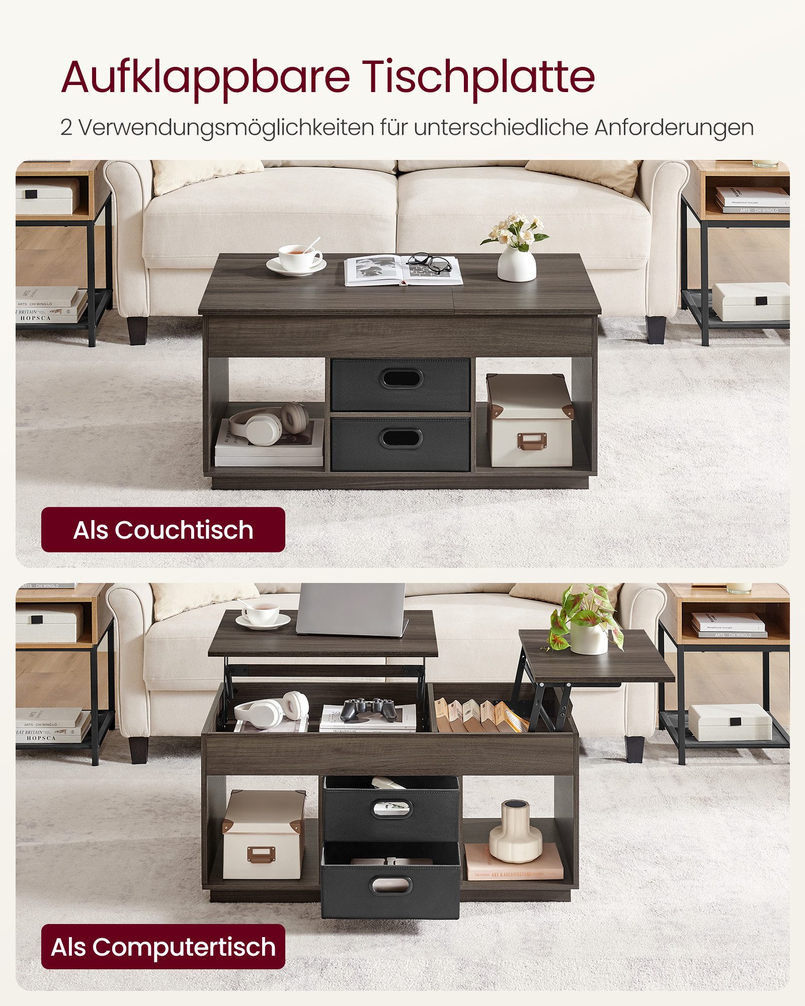 VASAGLE Couchtisch höhenverstellbarer Wohnzimmertisch, für Wohnzimmer, Homeoffice (inkl. Zubehörpaket & Anleitung), 2 Schubladen und versteckte Fächer, Kaffeeti – Bild 3 von 5